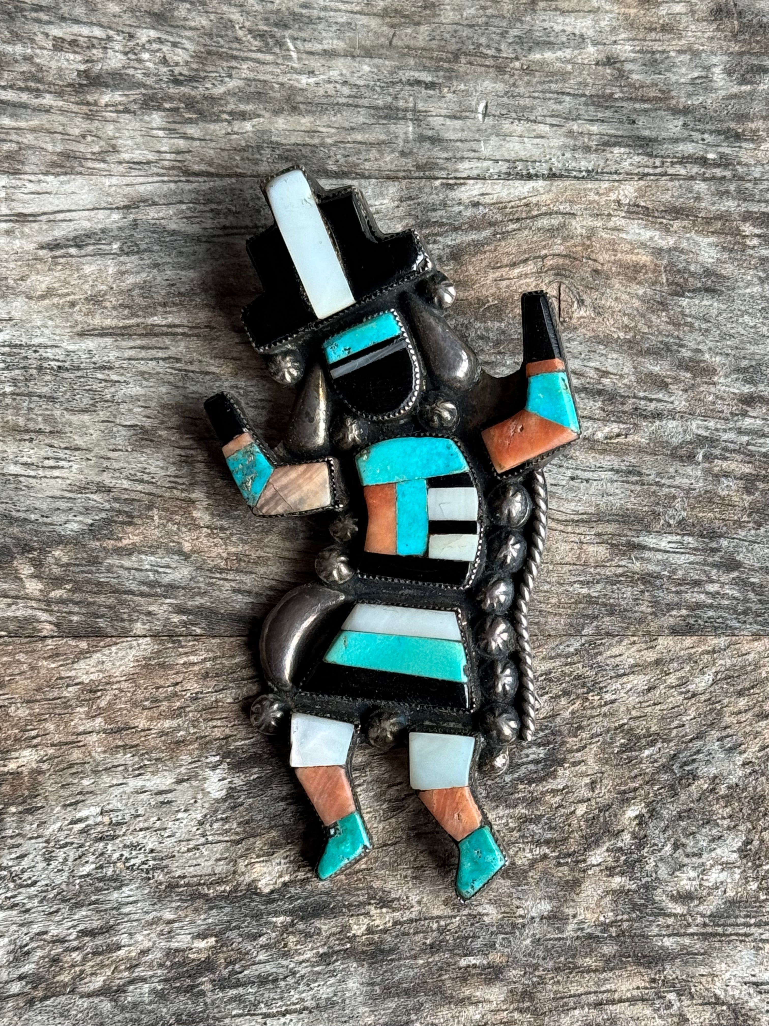 MASSIVE Vintage Sterling Silver Multistone Inlay Kachina Pin