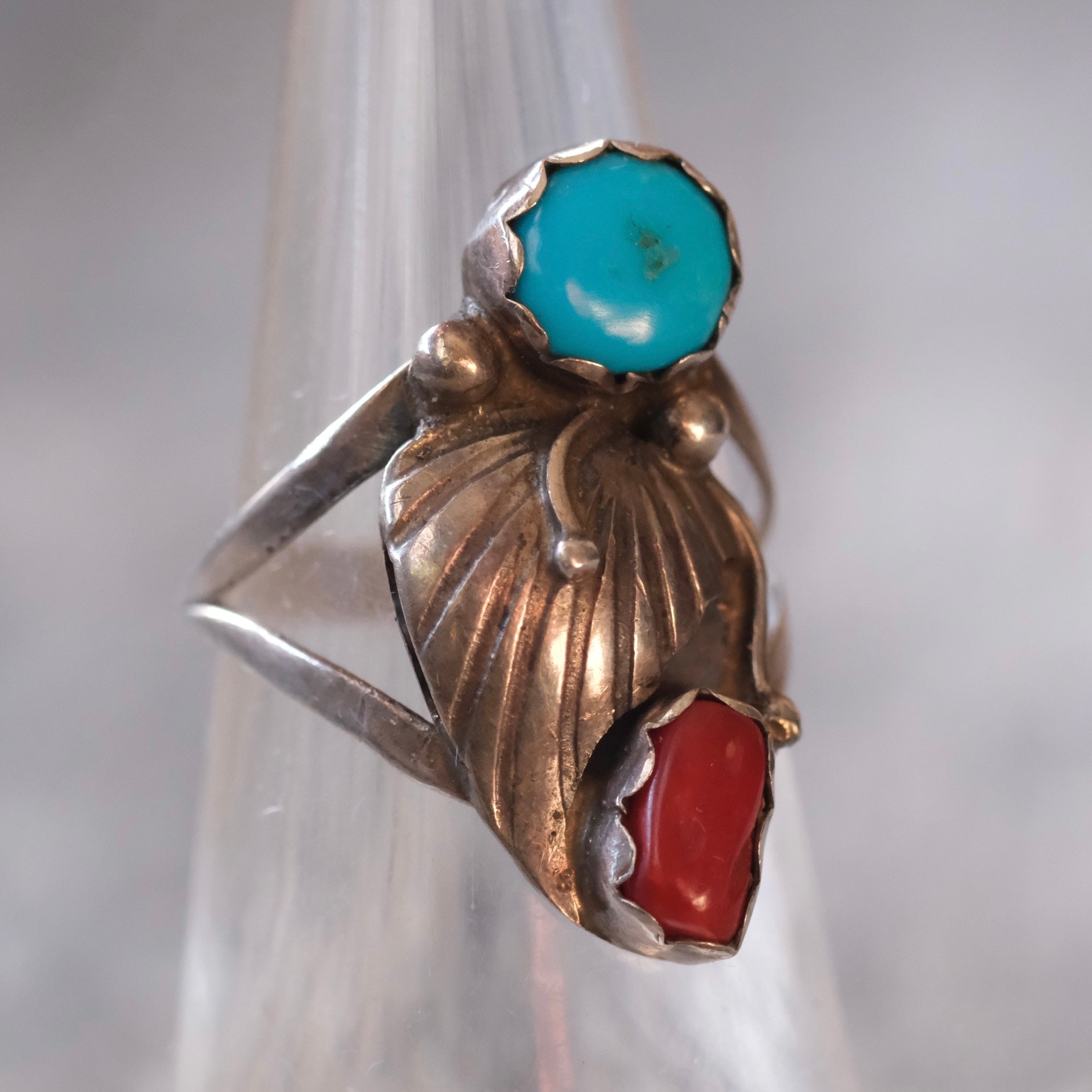 Vintage Sterling Turquoise and Coral Feather Ring 5.75
