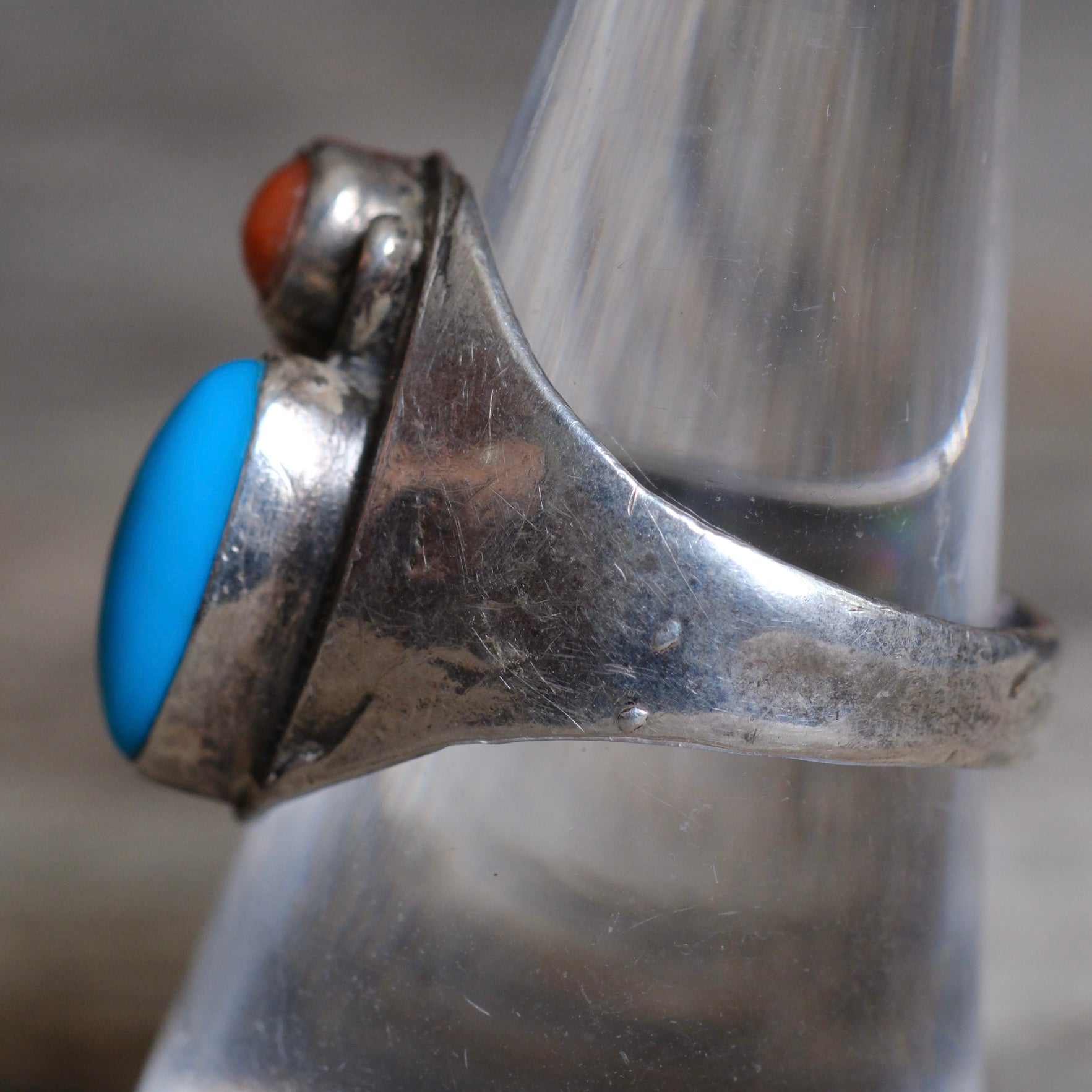 Vintage Sterling Turquoise and Coral Feather Ring 8.75