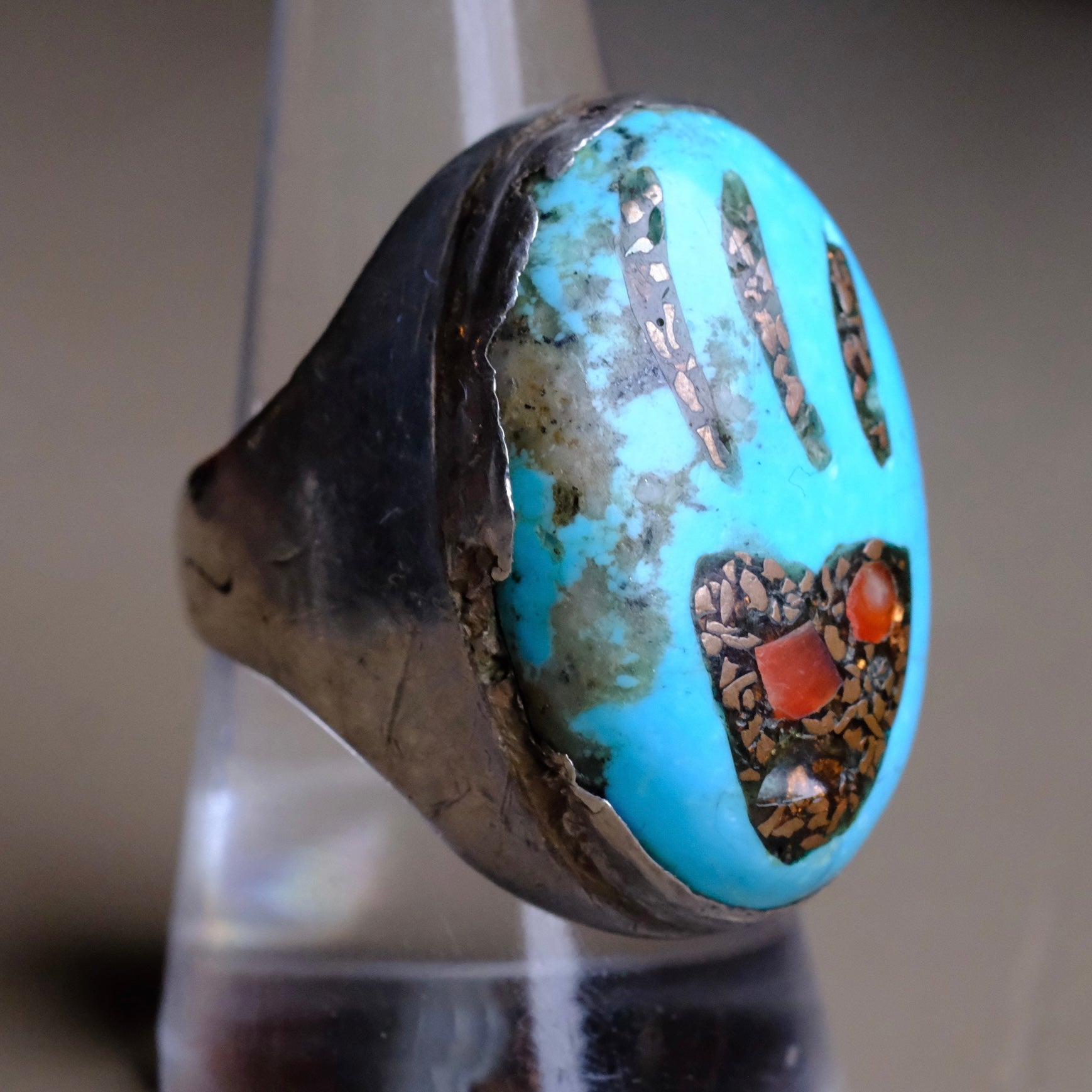 Vintage Sterling Turquoise Inlay Bear Paw Ring 9
