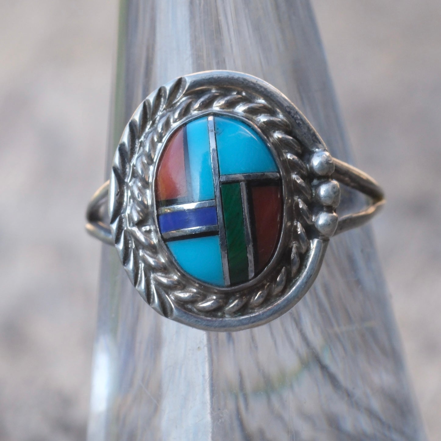Vintage Sterling Multistone Inlay Ring 6