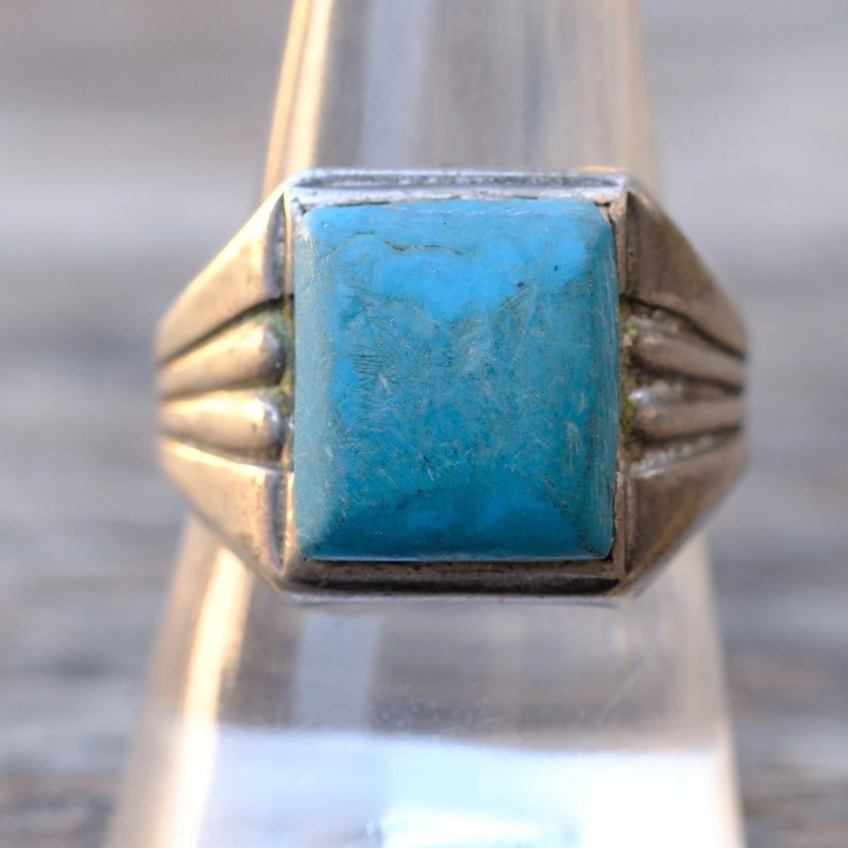 Vintage Sterling Turquoise Ribbed Band Ring 10