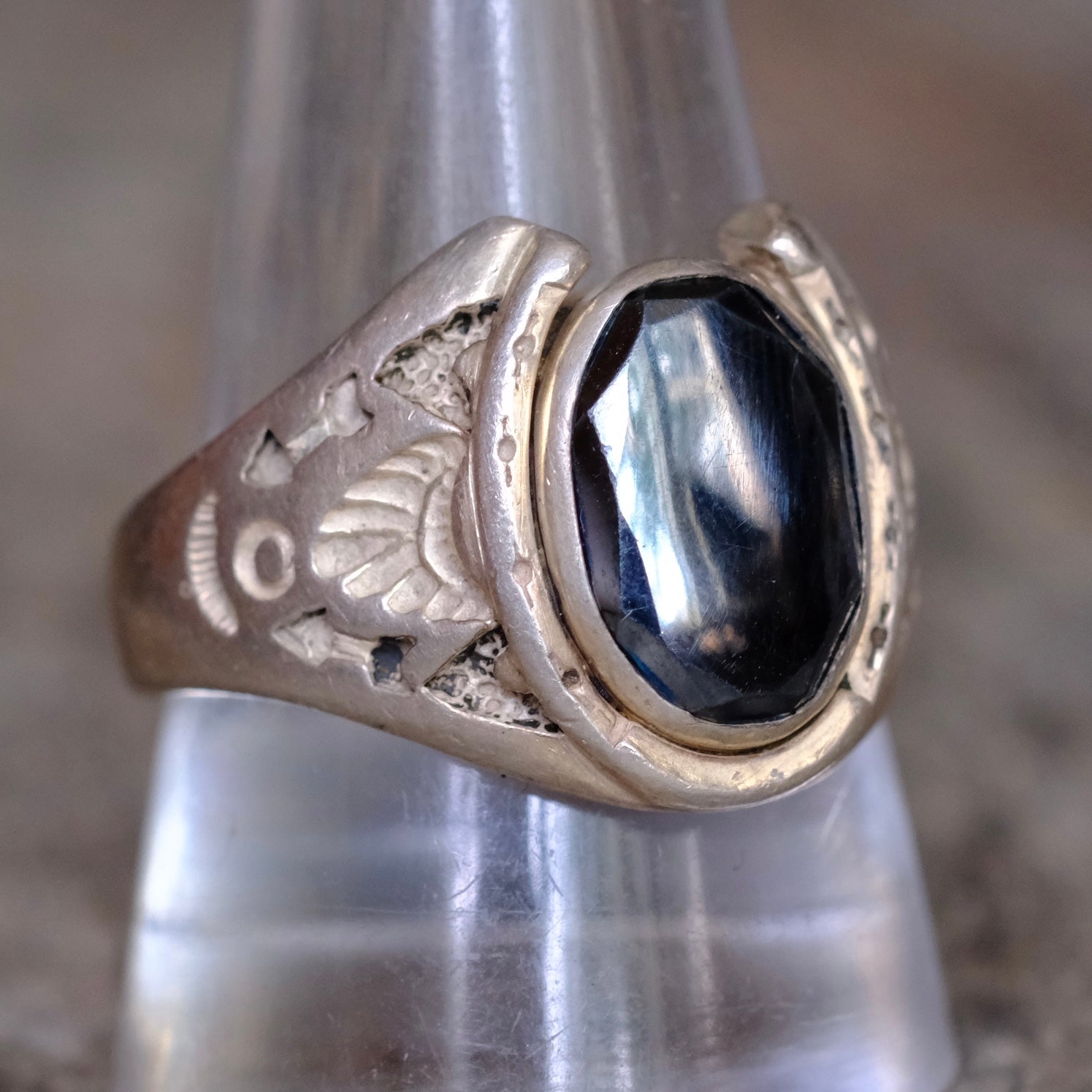 Vintage Sterling Hematite Lucky Horseshoe Ring 11.25