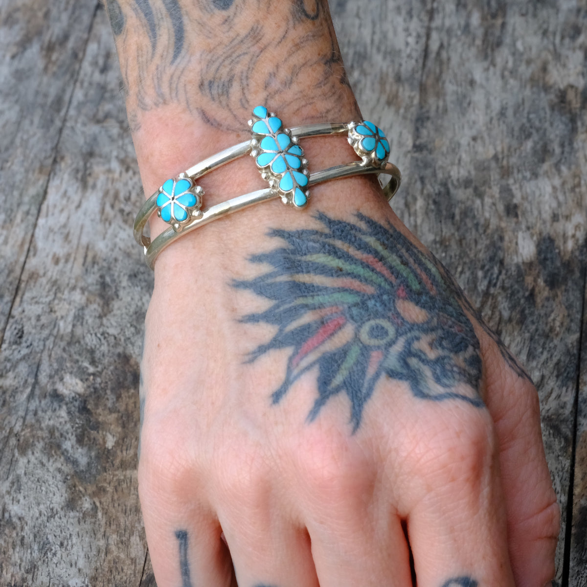 Vintage Sterling Turquoise Flower Inlay Cuff Bracelet