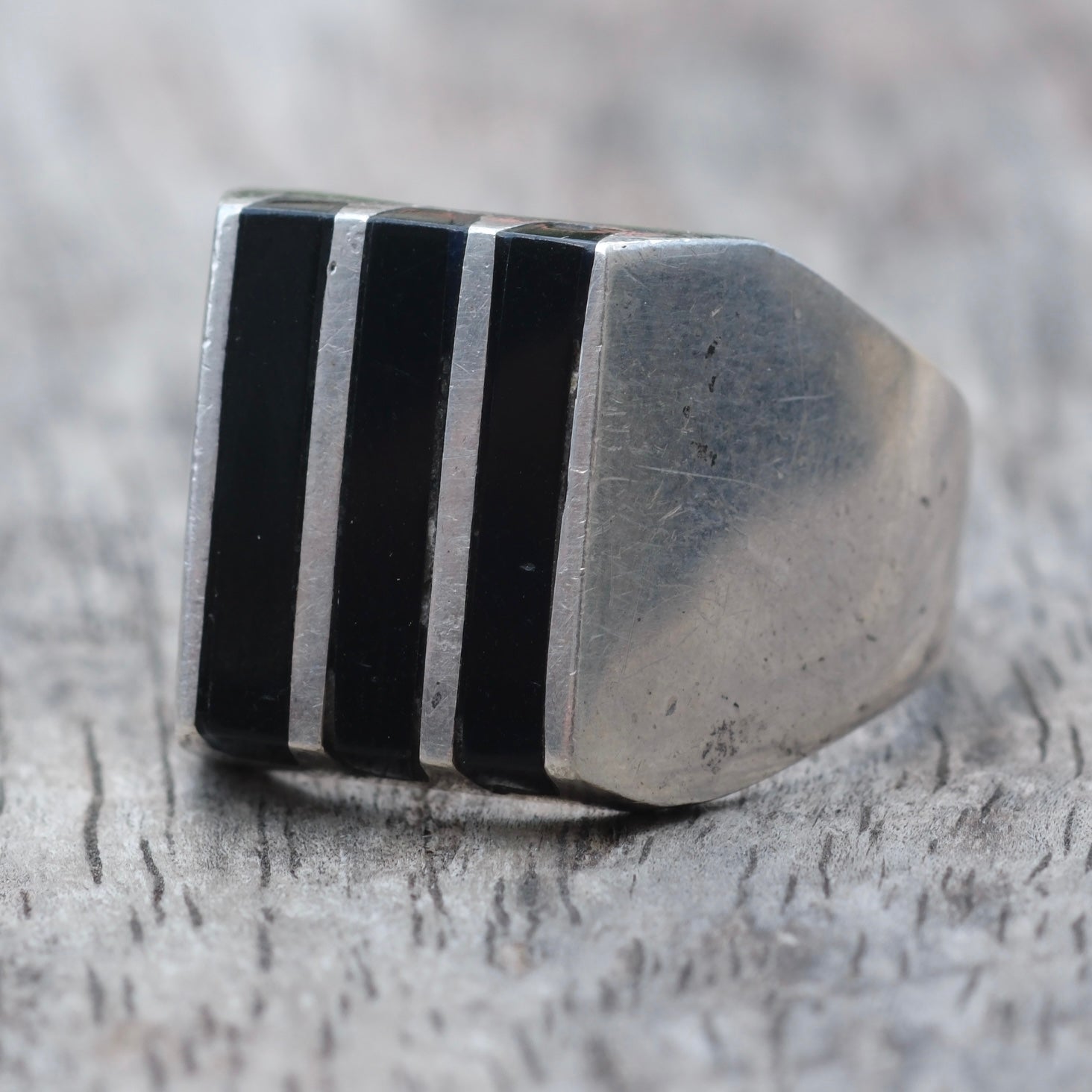 Vintage Sterling Onyx Inlay Striper Ring 10.5