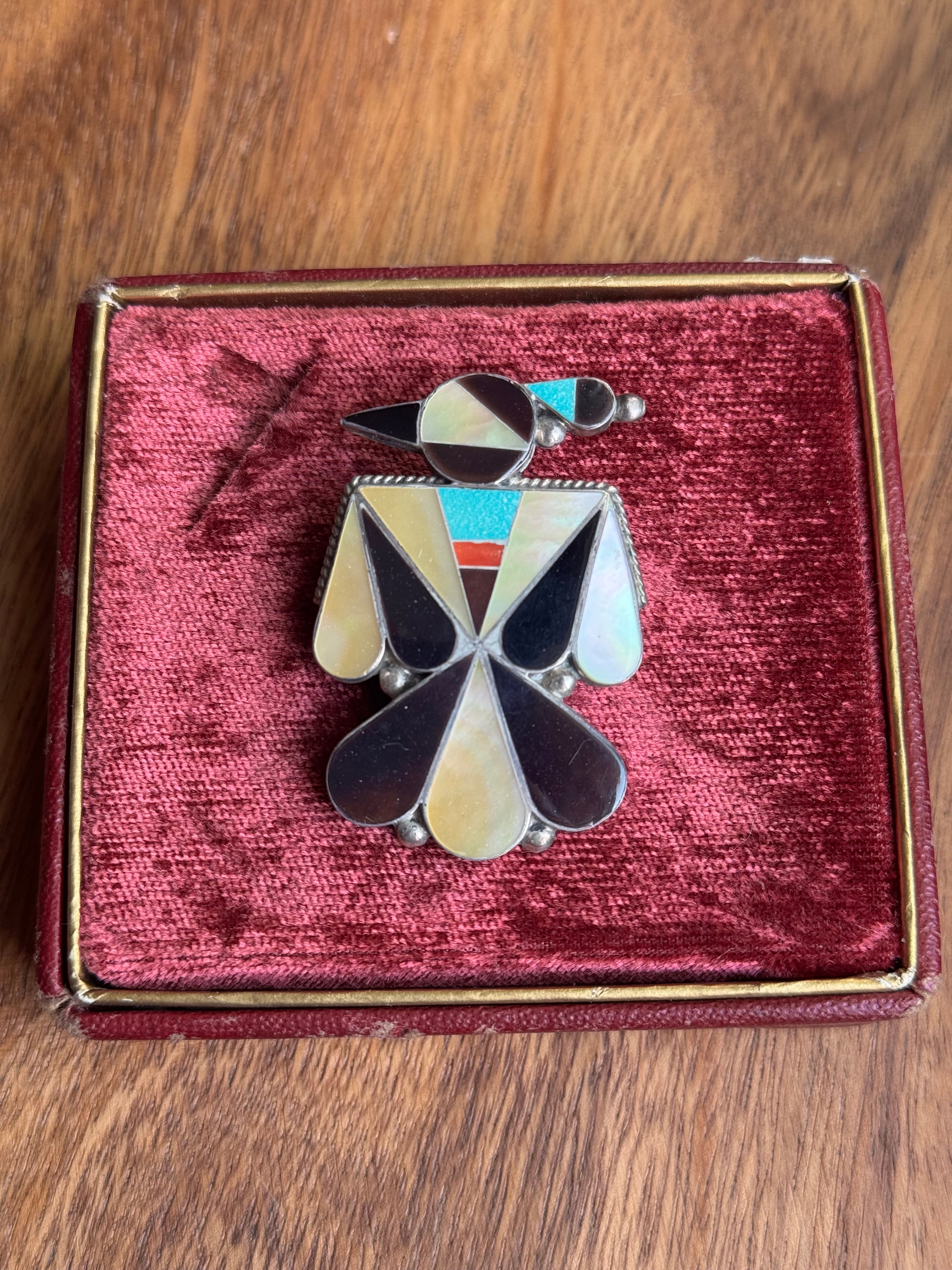 Vintage Sterling Silver Multistone Inlay Thunderbird Pin/Pendant