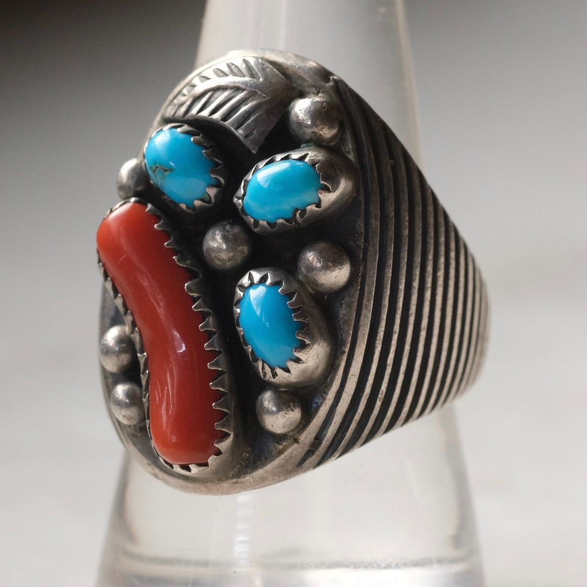 Vintage Sterling Turquoise and Coral Ring 9.5