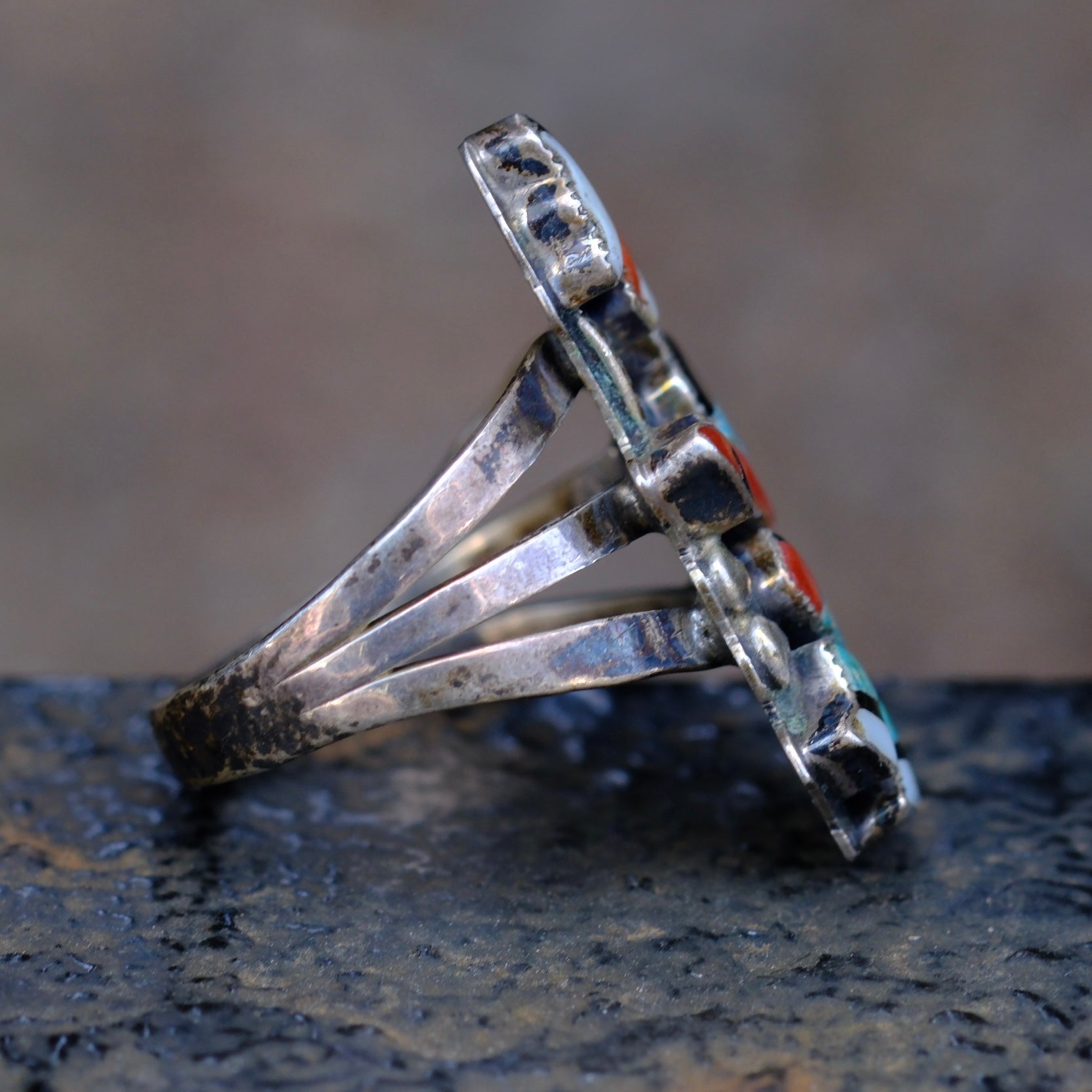 Vintage Sterling Multistone Inlay Kachina Dancer Ring 6.25