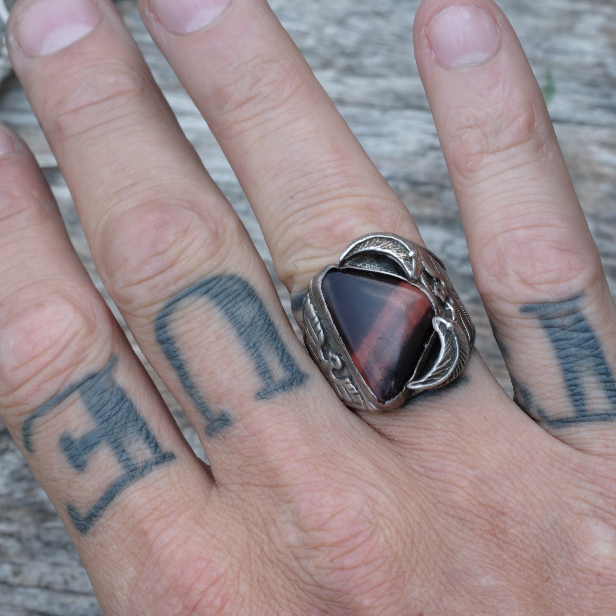 Vintage Sterling Tigers Eye Thunderbird Ring 9