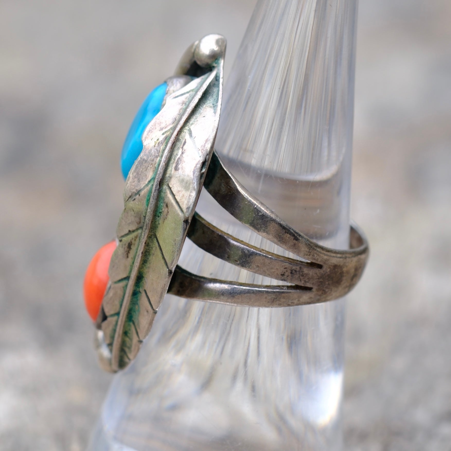 Vintage Sterling Turquoise and Coral Feather Ring 6.5