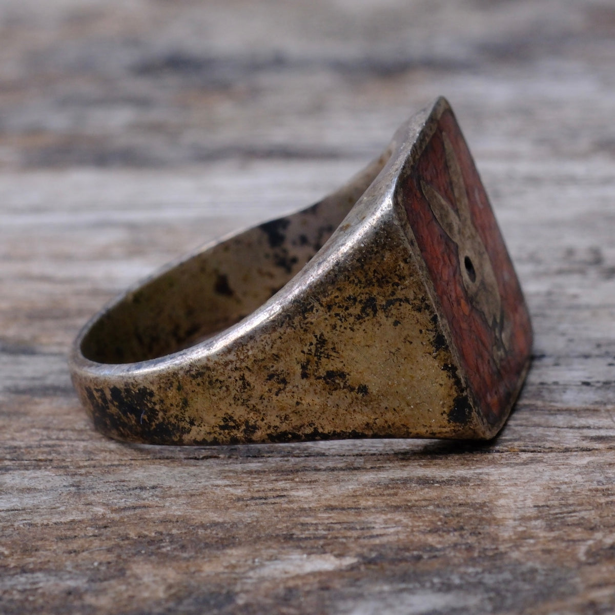 Vintage Sterling Coral Inlay Playboy Ring 10.5