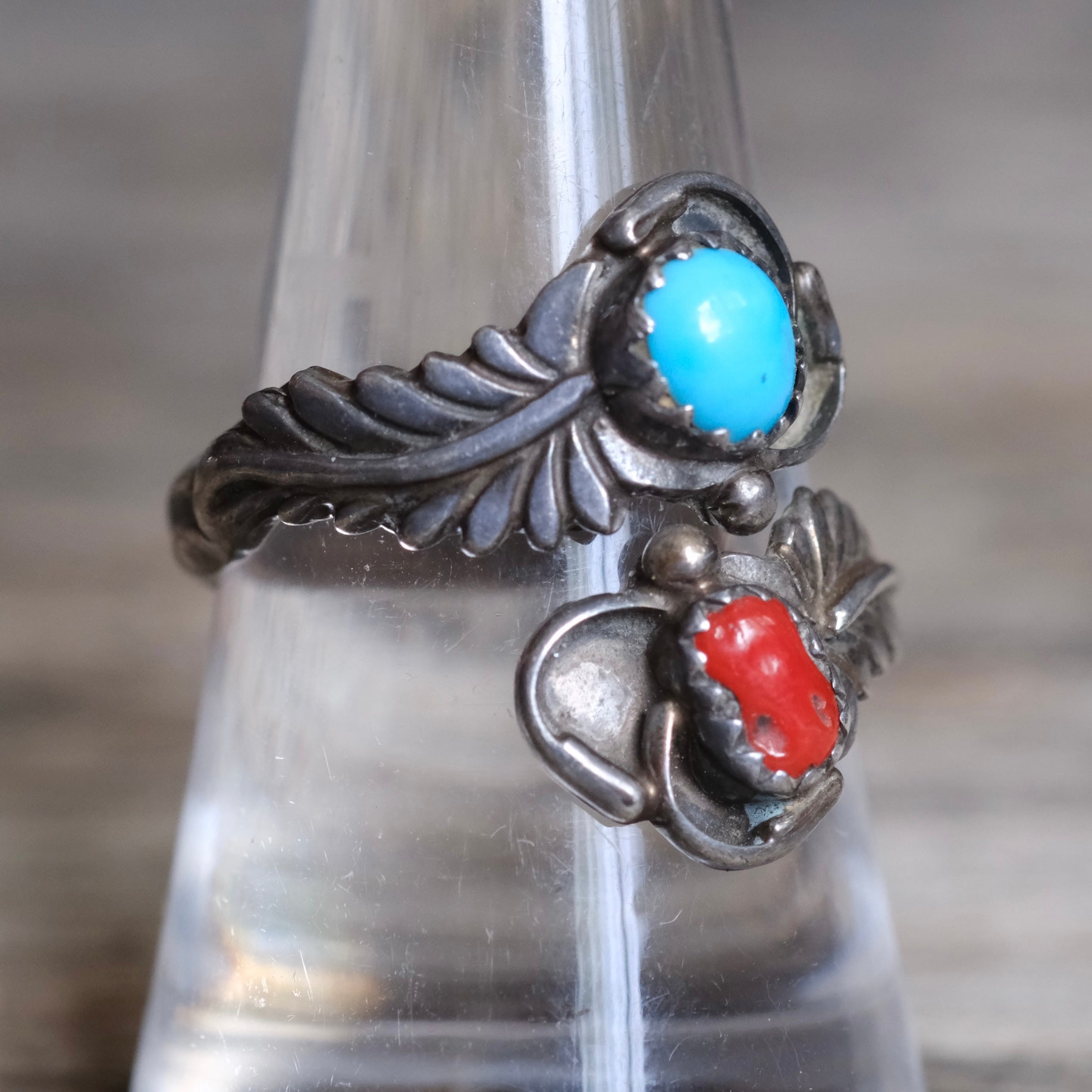 Vintage Sterling Turquoise and Coral Feather Overpass Ring 8.5