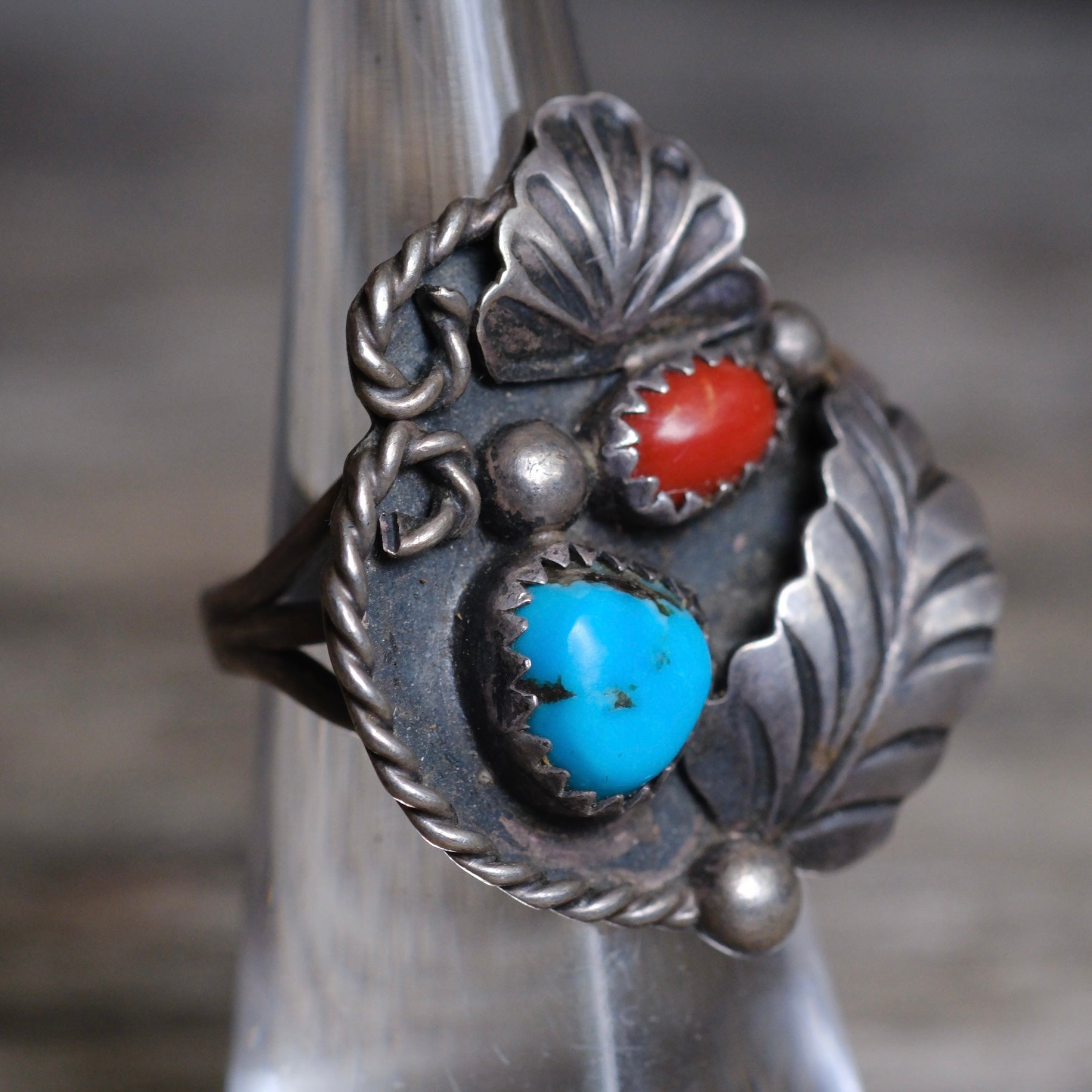 Vintage Sterling Turquoise and Coral Feather Ring 5.25
