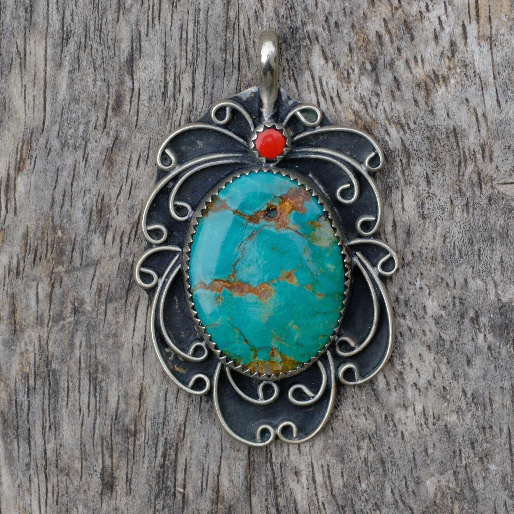 Huge Vintage Sterling Turquoise and Coral Pendant