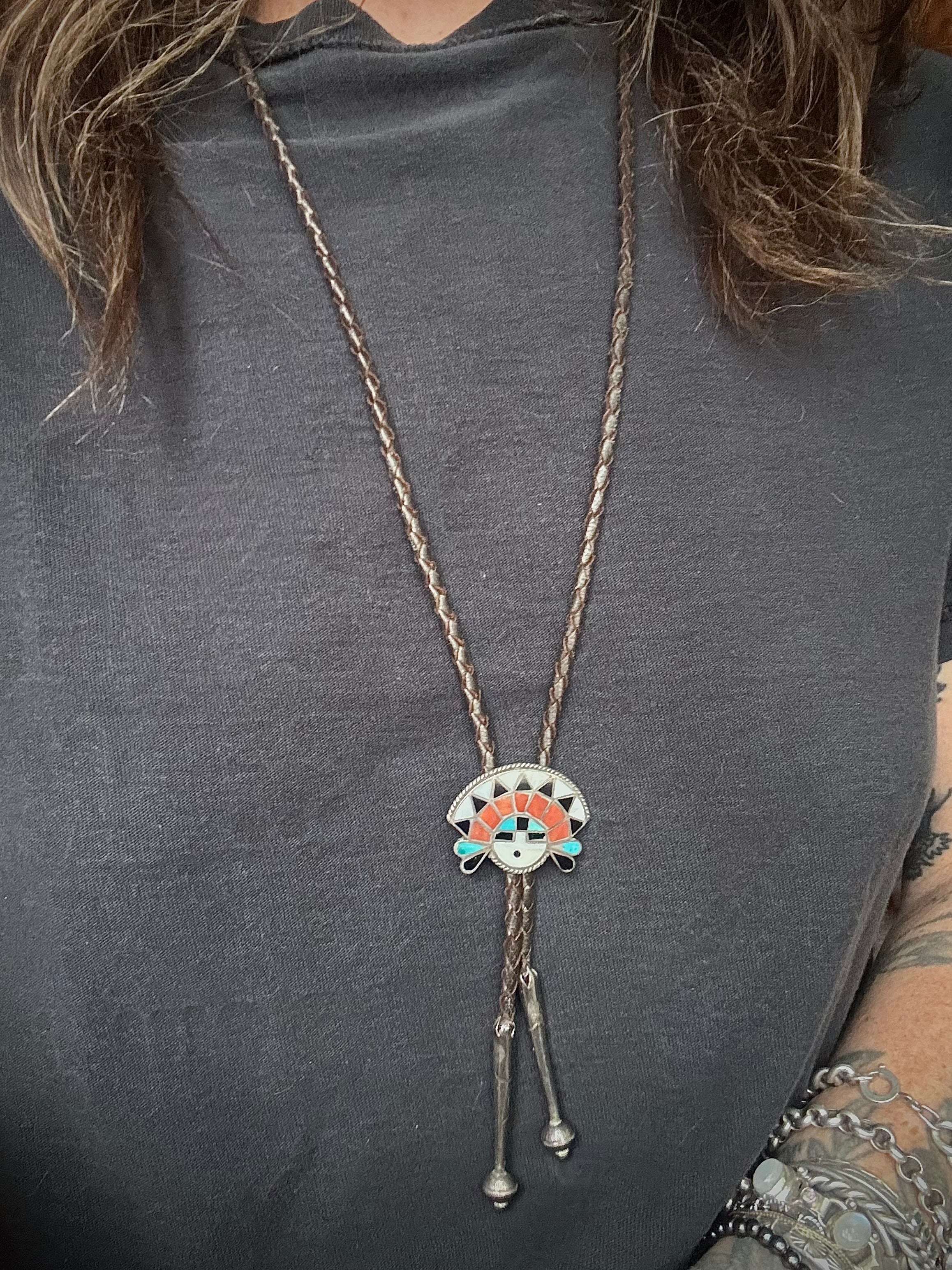 Vintage Sterling Silver Multistone Inlay Warrior Bolo
