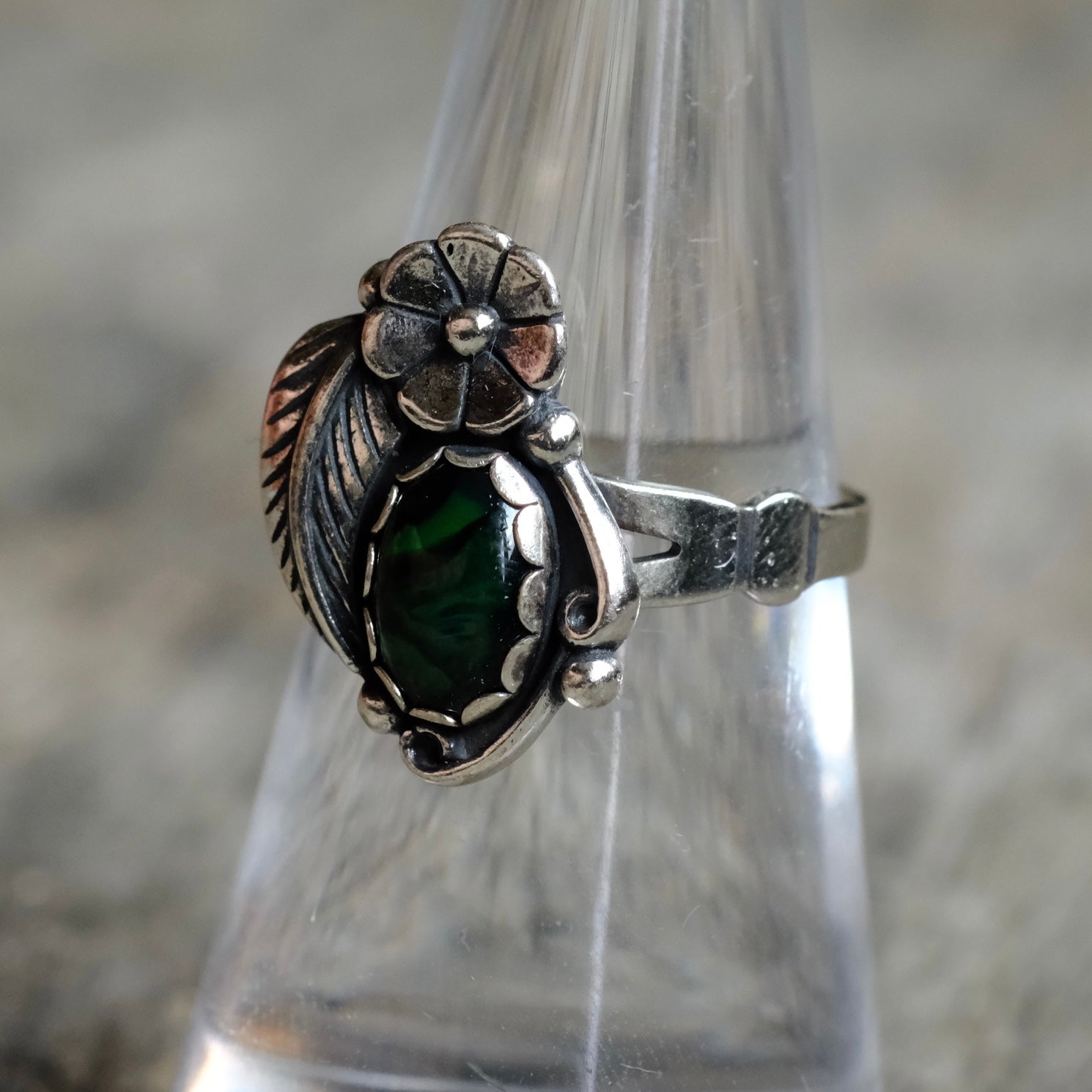 Vintage Sterling Blue Abalone Feather Blossom Ring 6.75