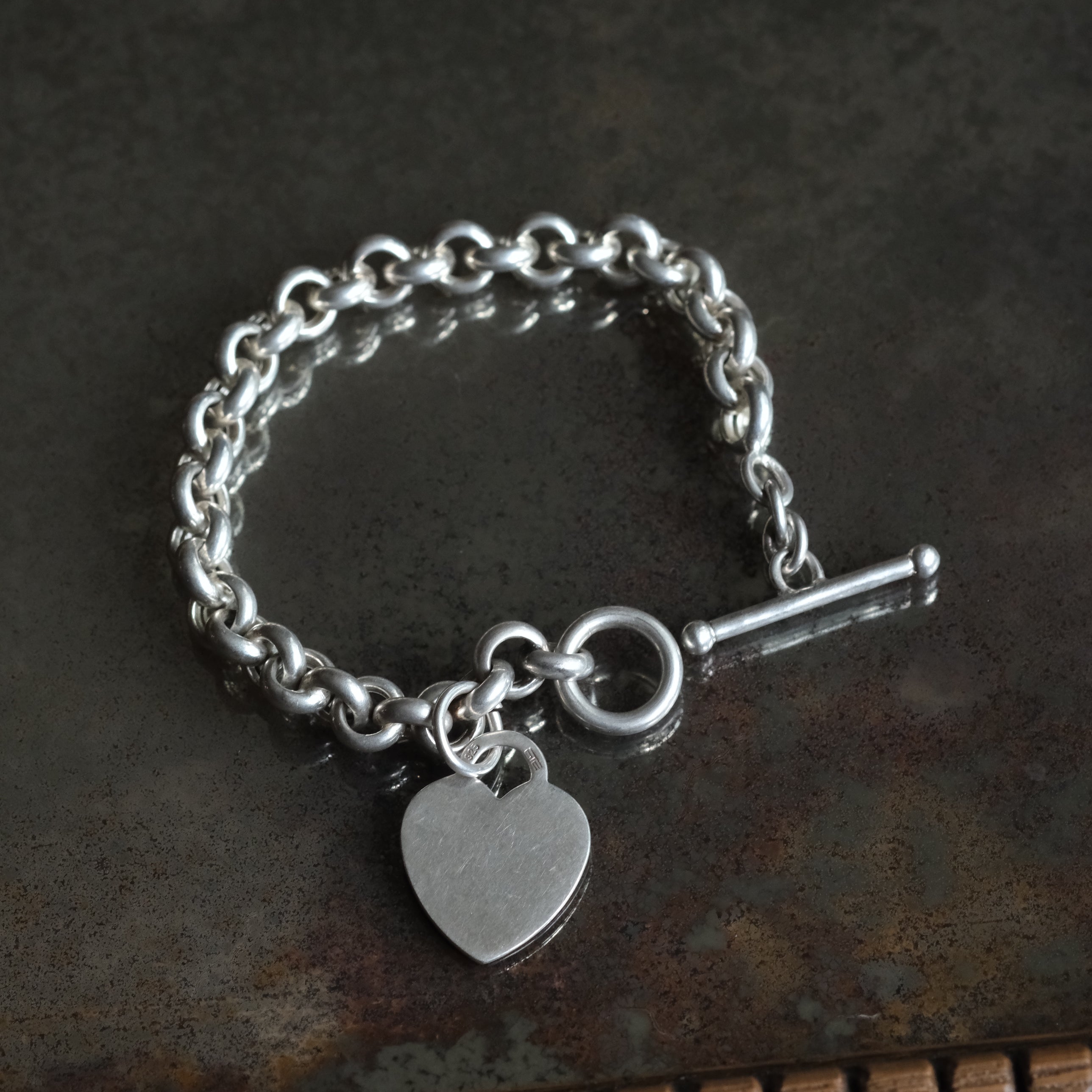 Vintage Sterling Rolo Link Heart ID Bracelet 7.5"