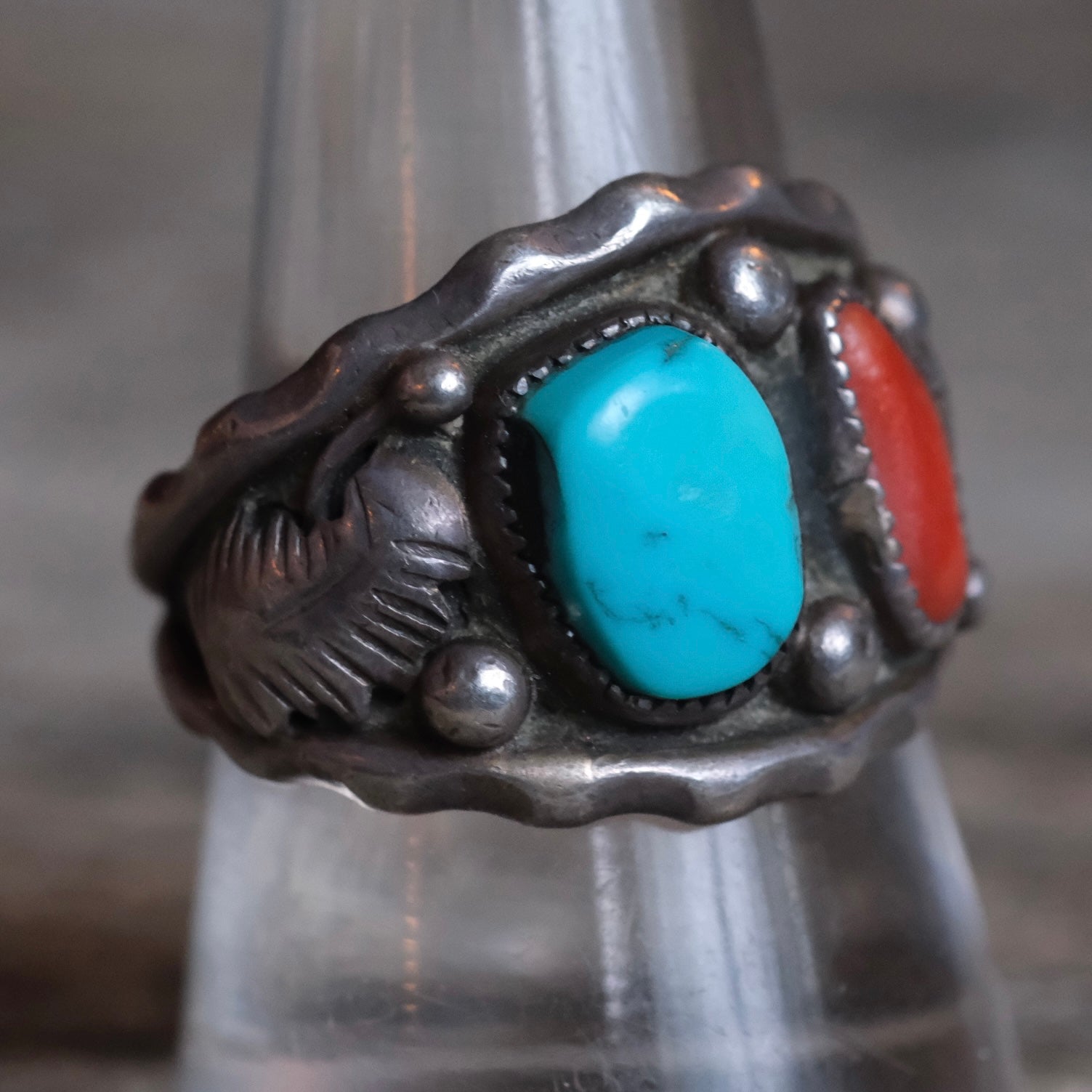Vintage Sterling Turquoise and Coral Feather Band Ring 9.5