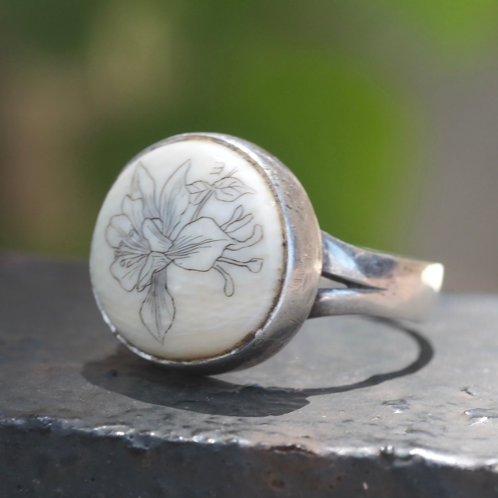 Vintage Sterling Scrimshaw Flower Ring 6.75