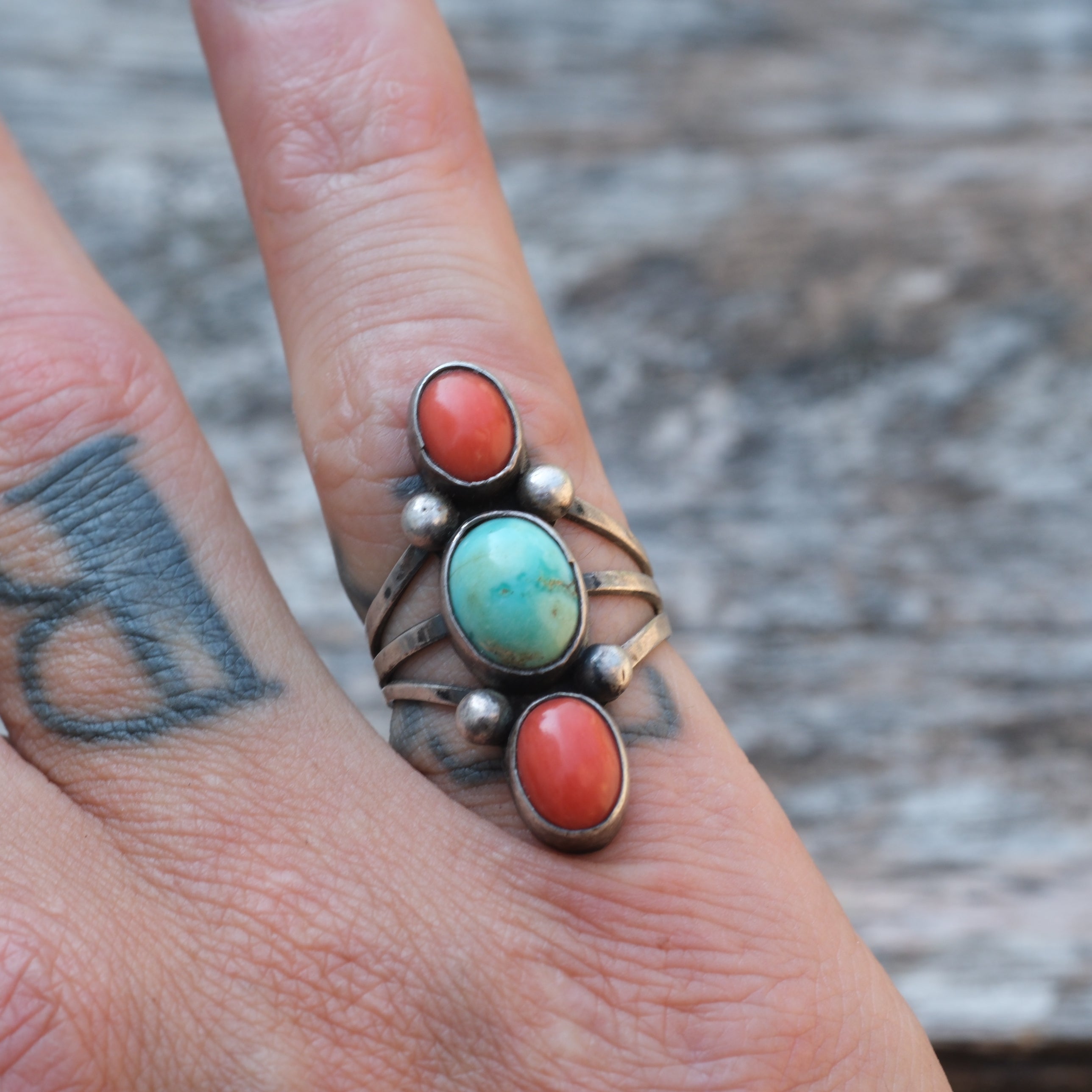 Vintage Sterling Turquoise and Coral Ring 5.5