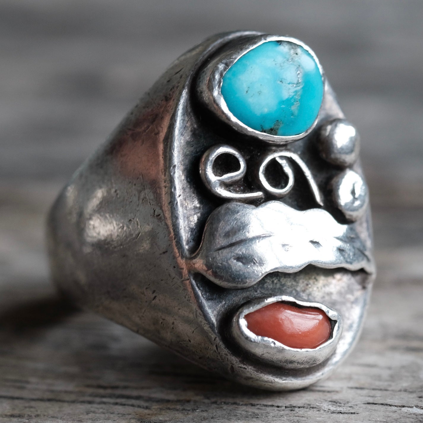Vintage Sterling Turquoise and Coral Feather Ring 9