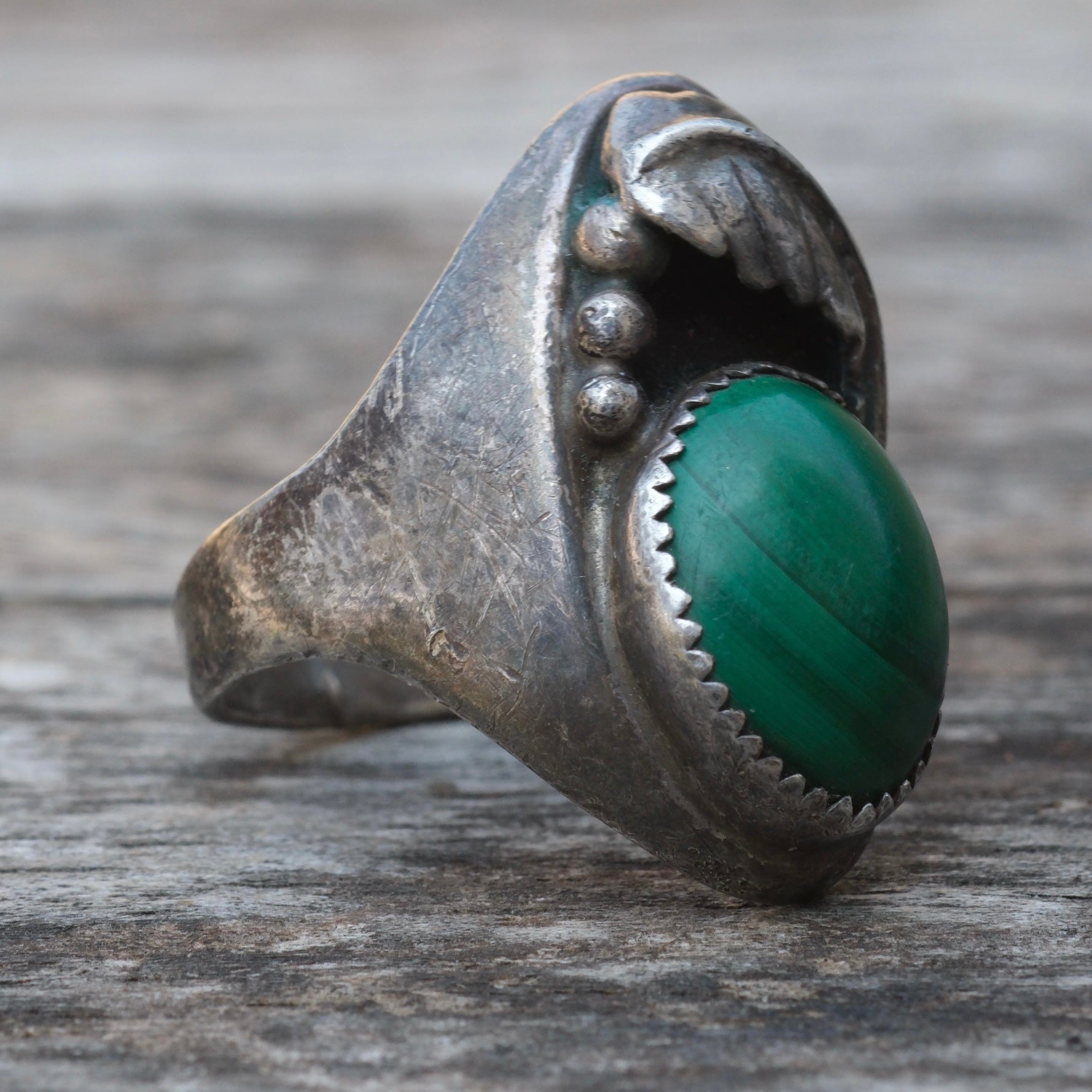 Vintage Sterling Malachite Feather Ring 7.5