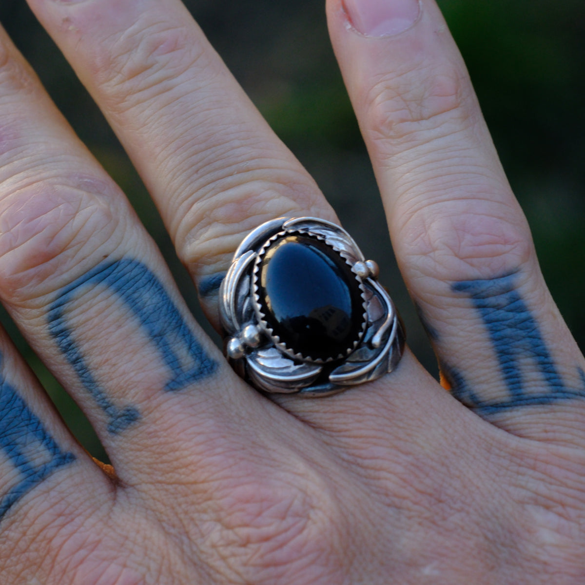 Vintage Sterling Onyx Feather Ring 8.75