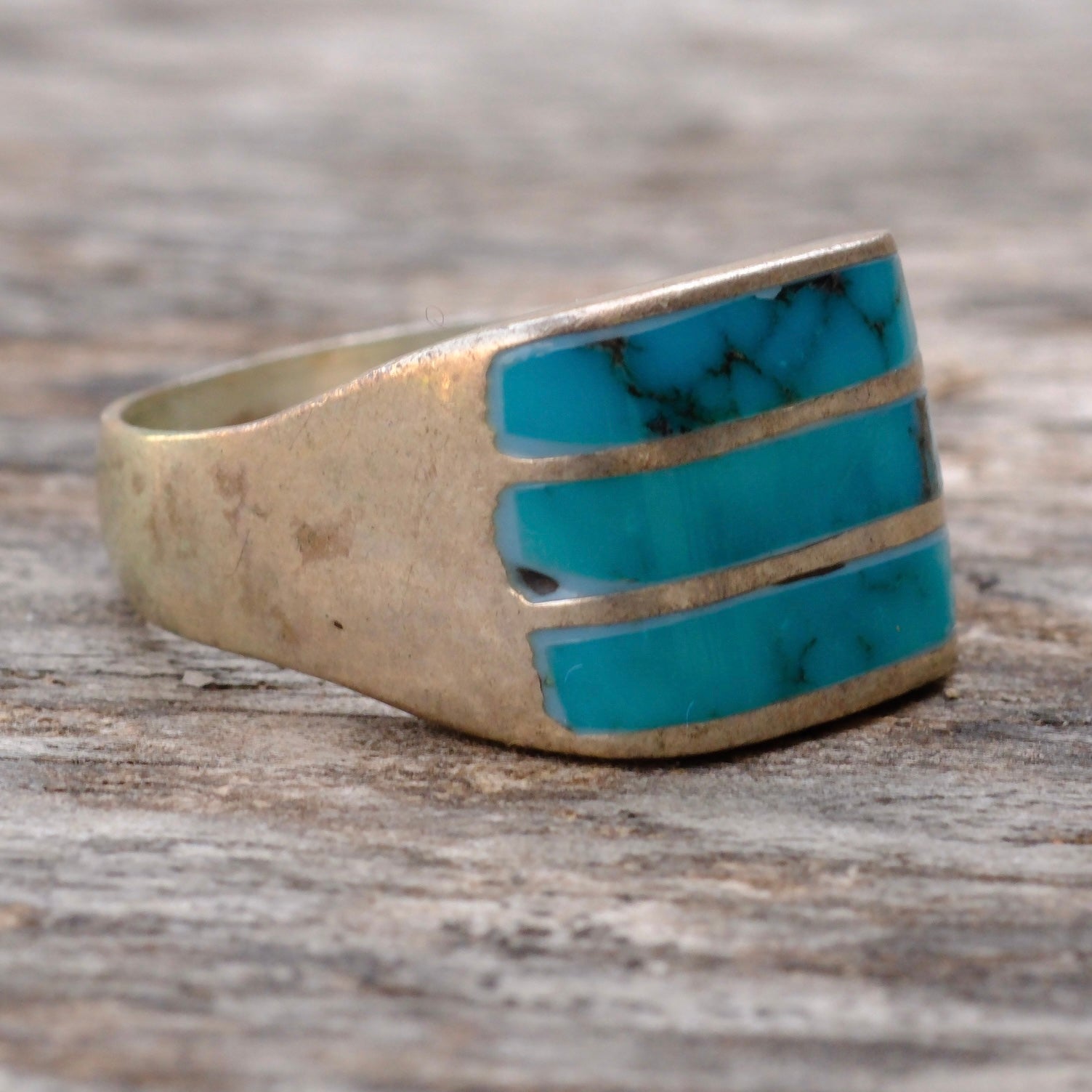 Vintage Sterling Turquoise Inlay Striper Ring 8.5