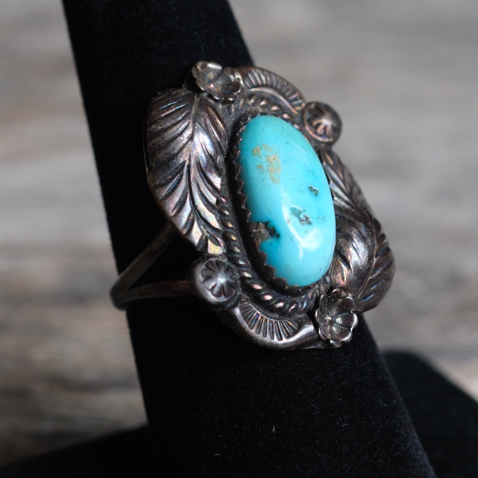 Vintage Sterling Turquoise Feather Ring 7.25