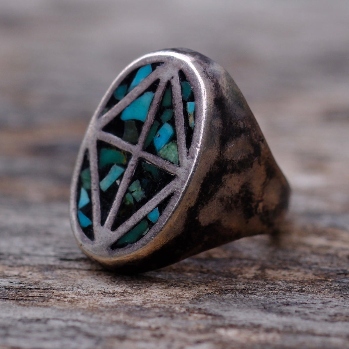Vintage Sterling Turquoise Chip Inlay Ring 3.5