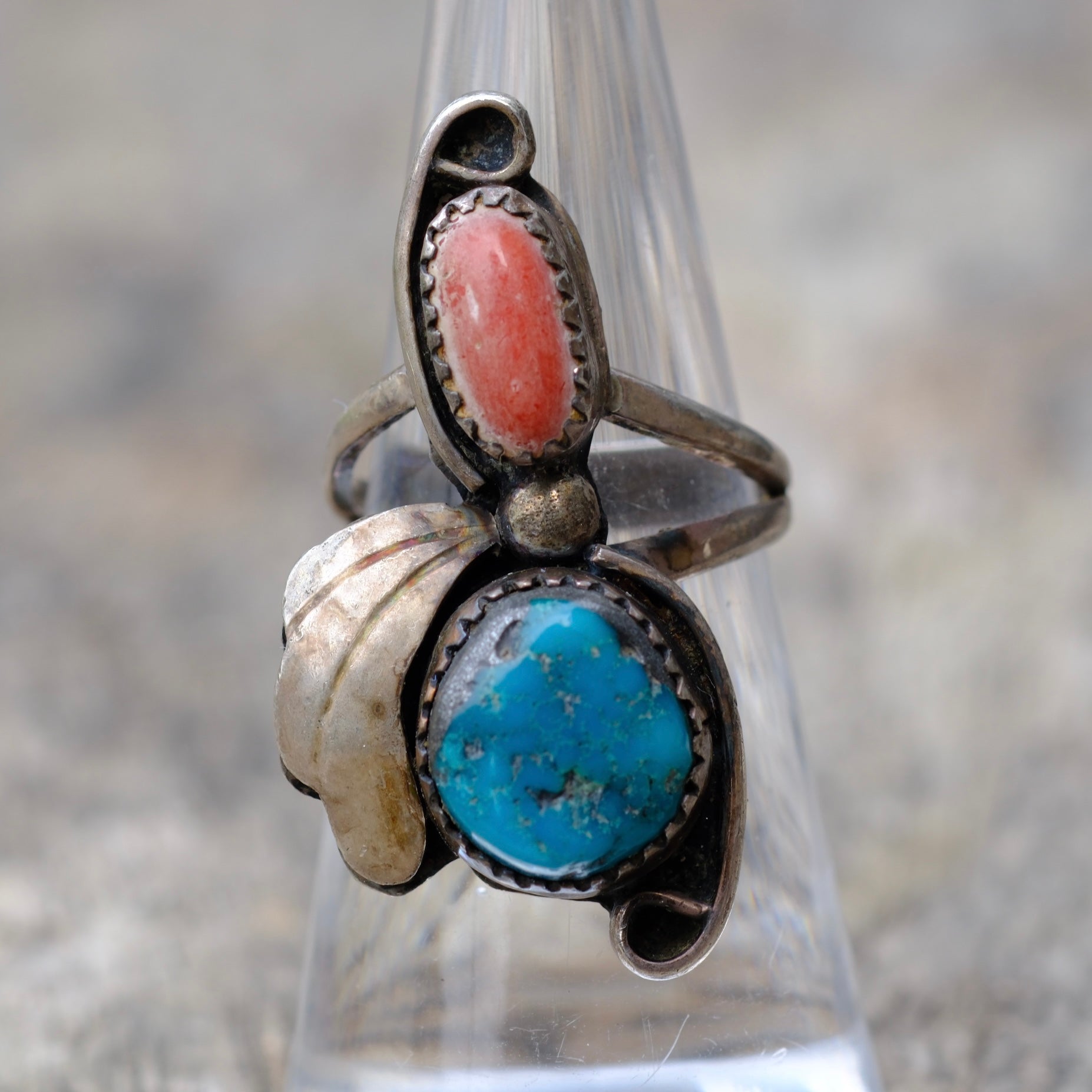 Vintage Sterling Turquoise and Coral Feather Ring 6