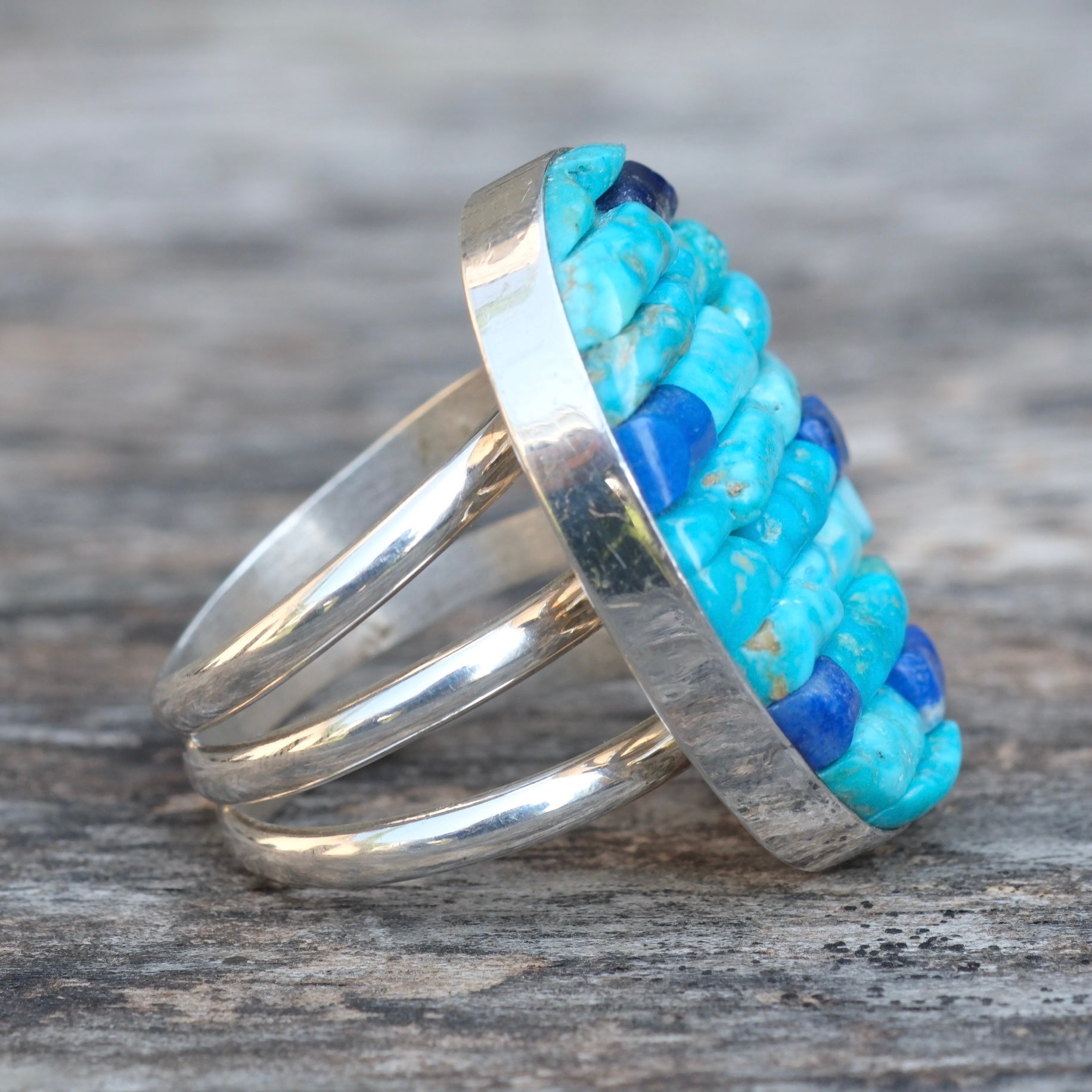 Vintage Sterling Turquoise Inlay Row Ring 8