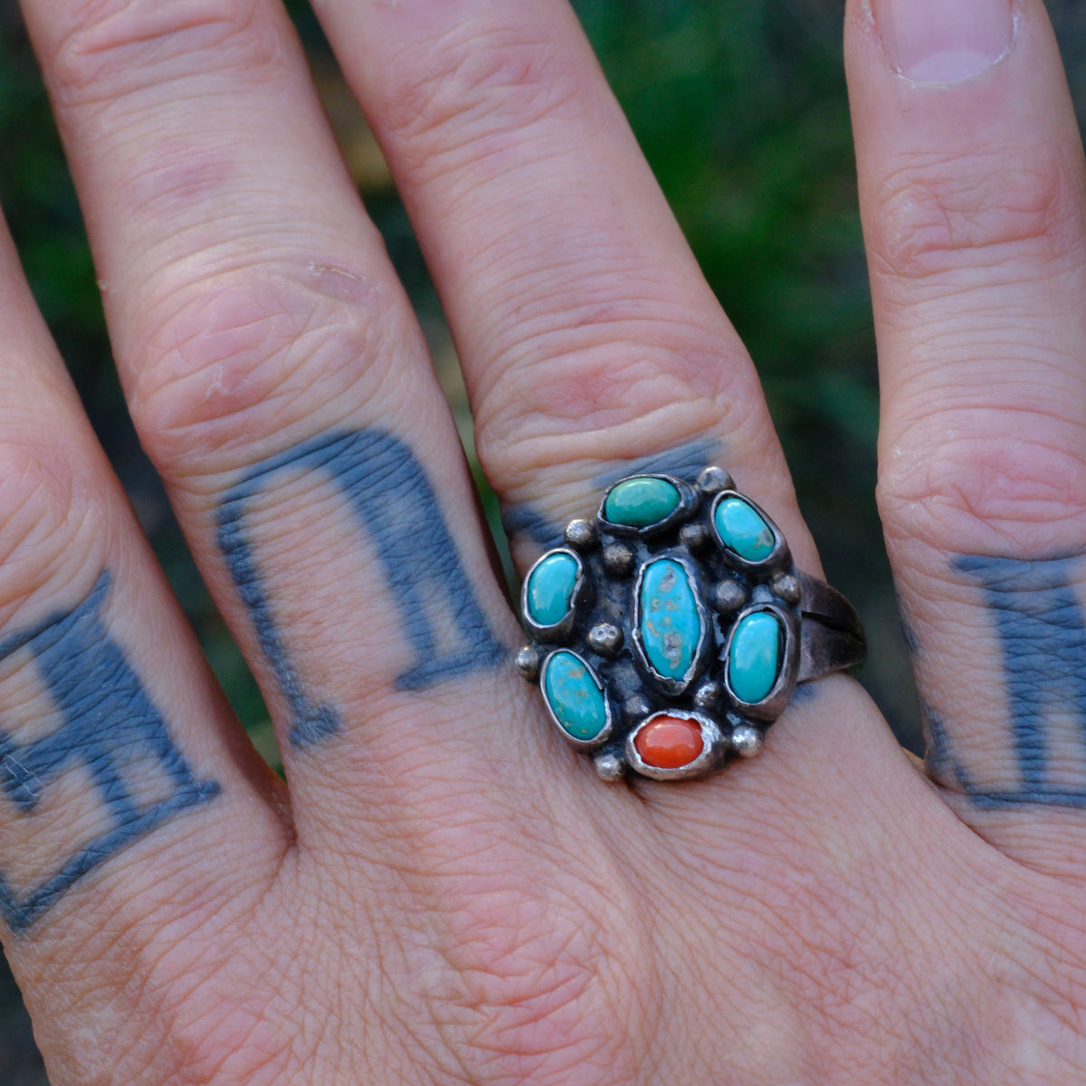 Vintage Sterling Turquoise and Coral Cluster Ring 8.75