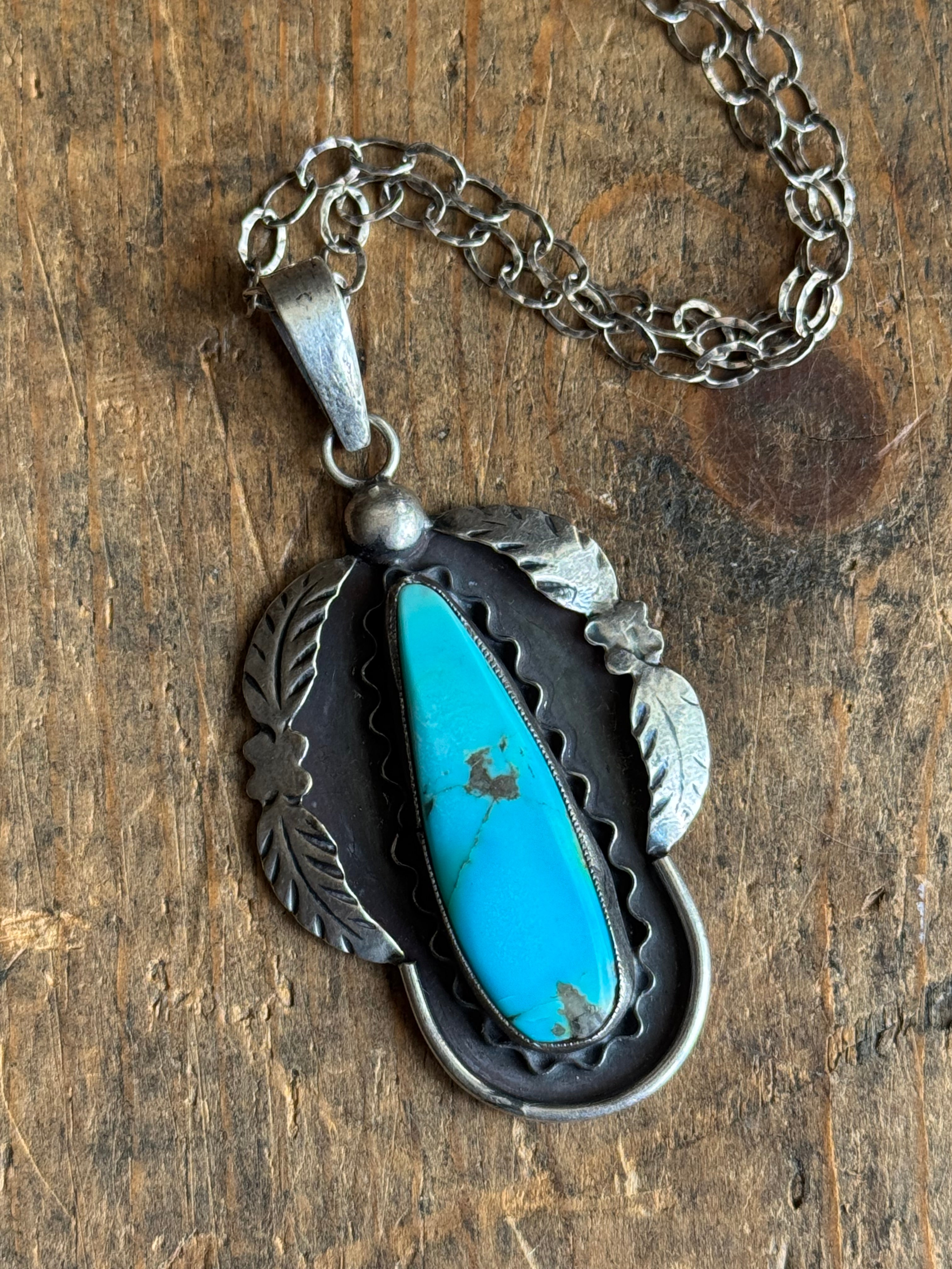 Vintage Sterling Silver Turquoise Teardrop Leaf Necklace