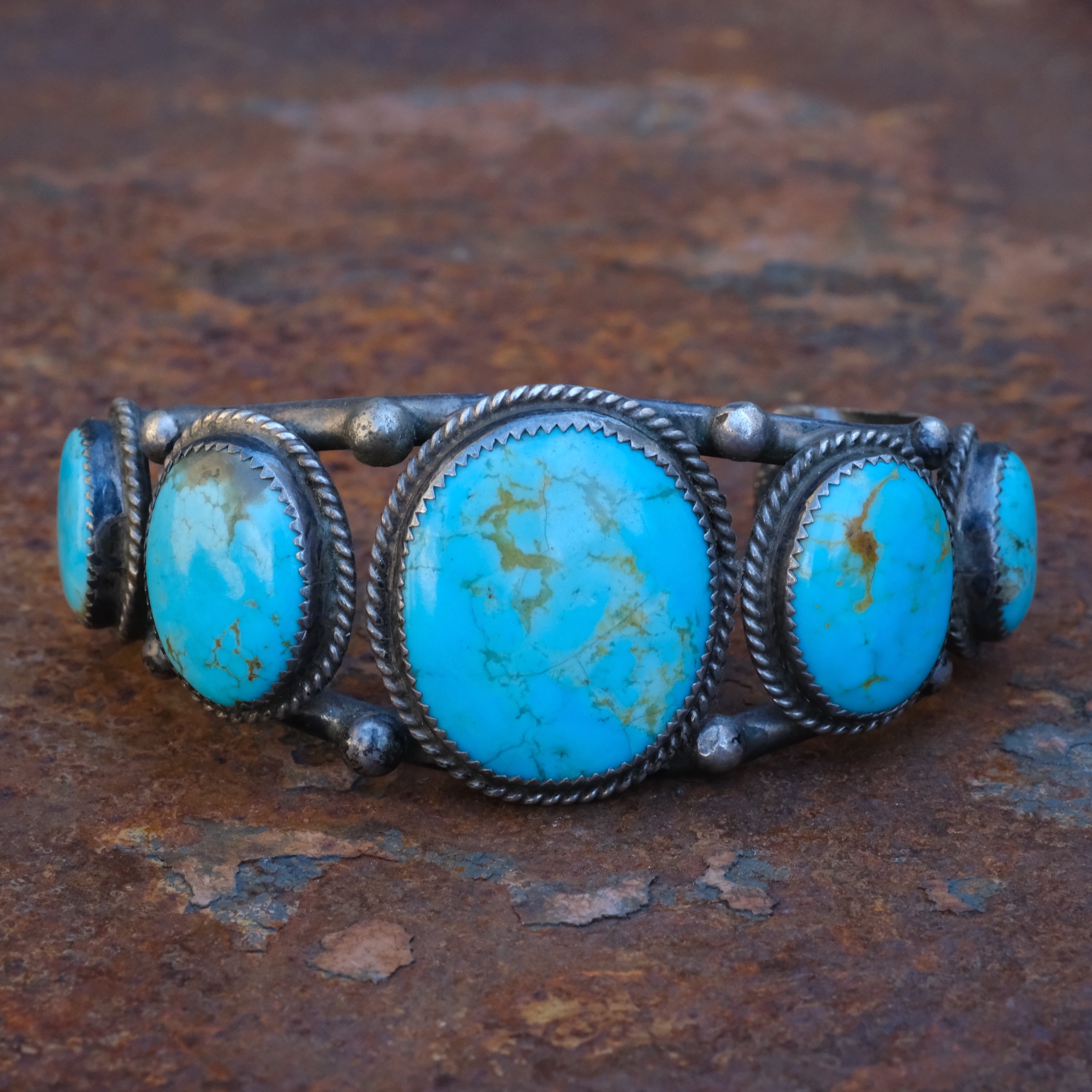 Heavy Vintage Sterling 5-Stone Turquoise Roper Cuff Bracelet