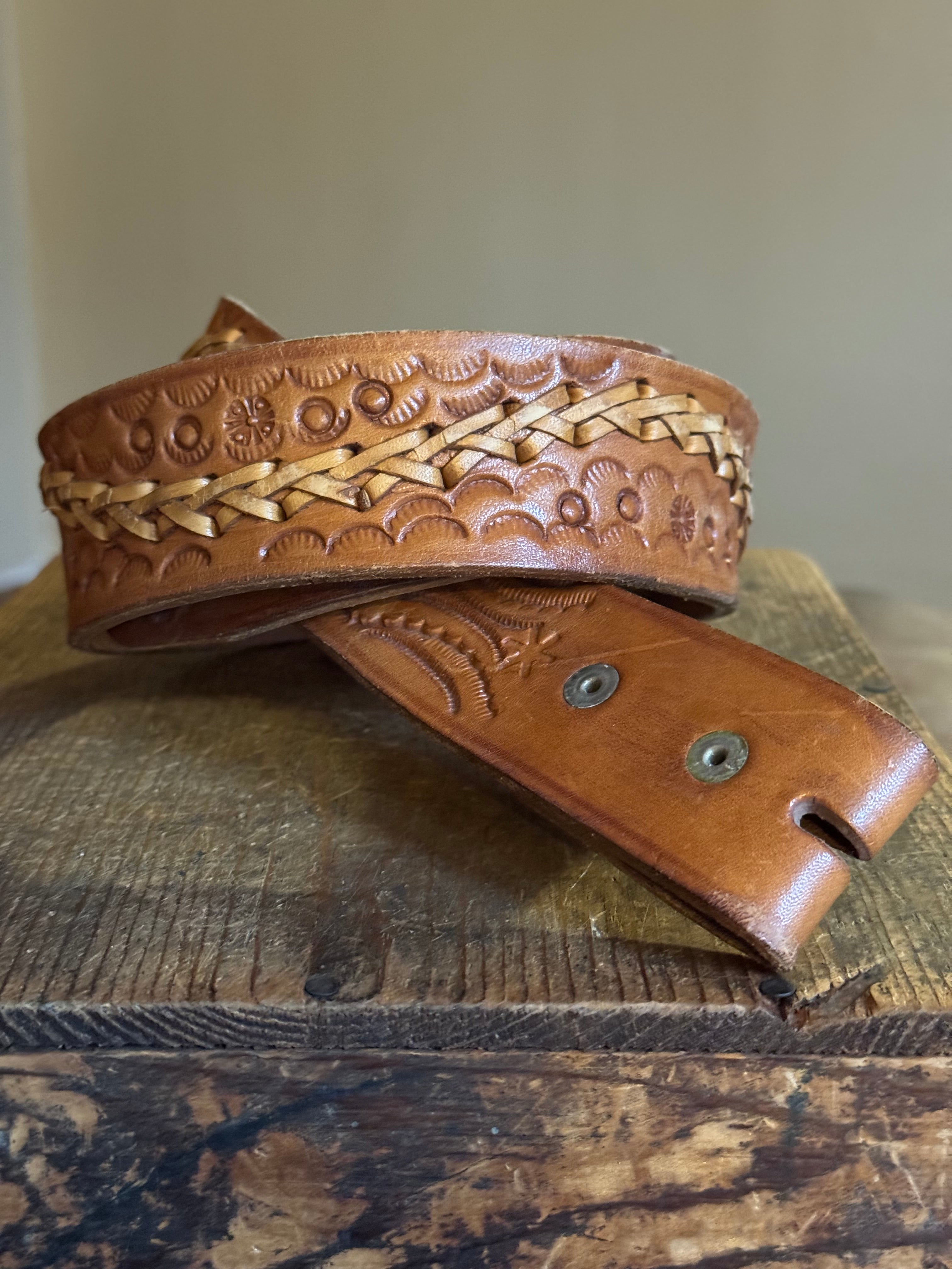 Vintage Brown Stamped Laced Leather Belt