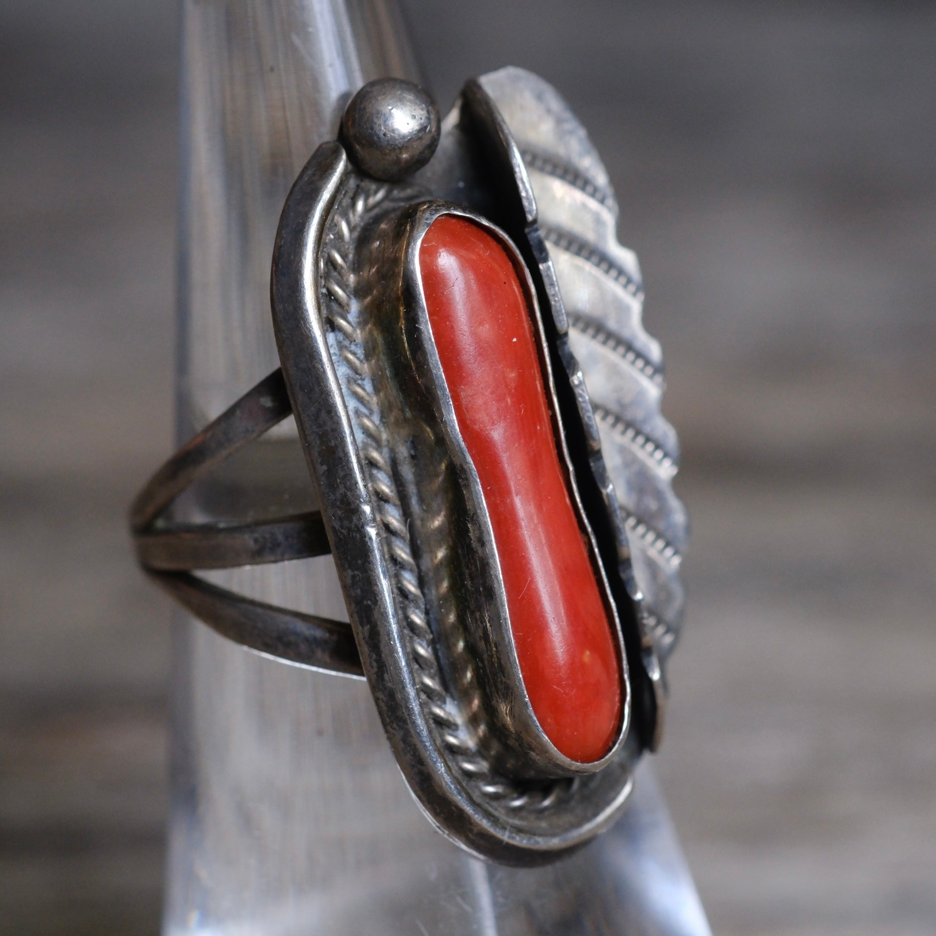 Vintage Sterling Coral Feather Ring 5