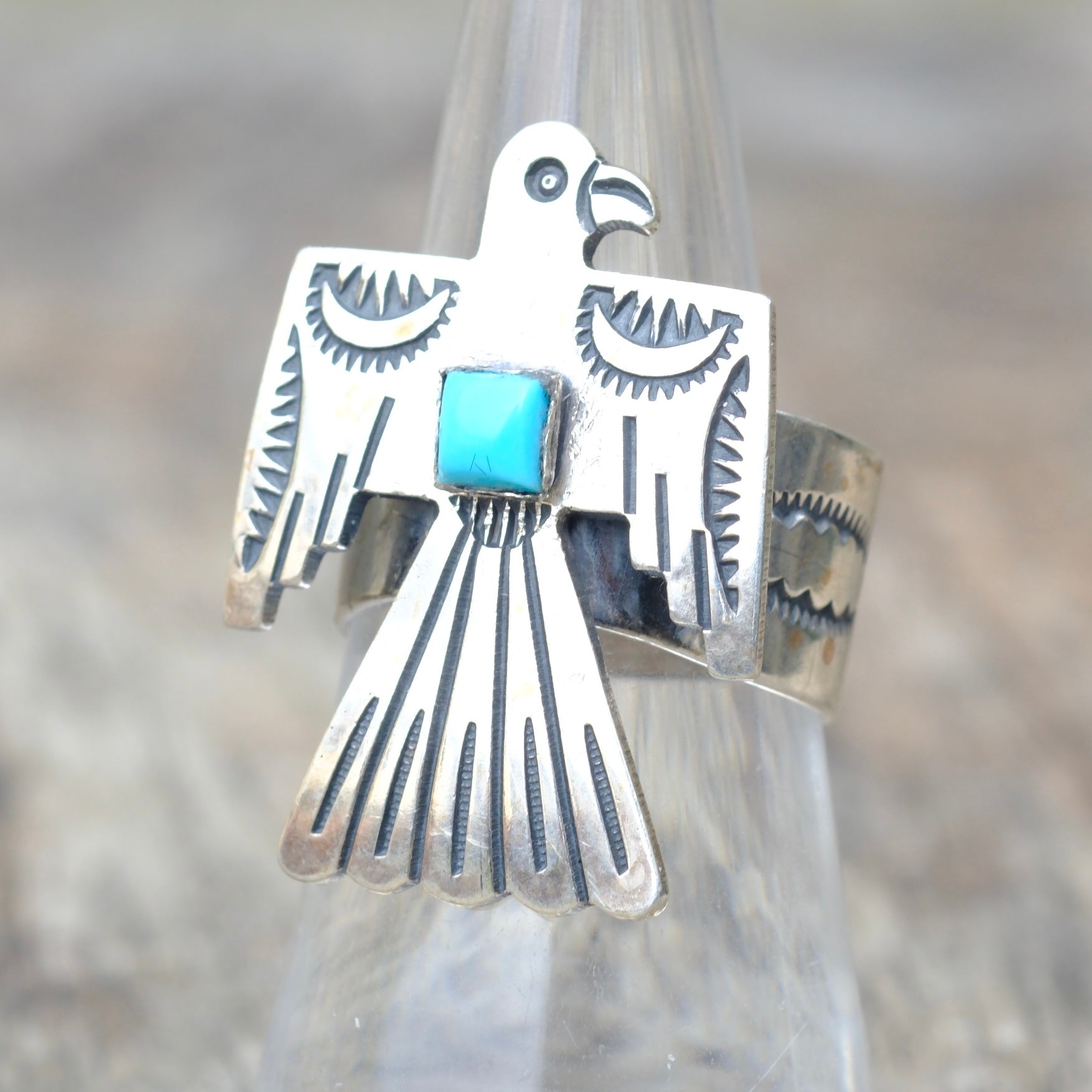 Vintage Sterling Turquoise Thunderbird Ring 7.25