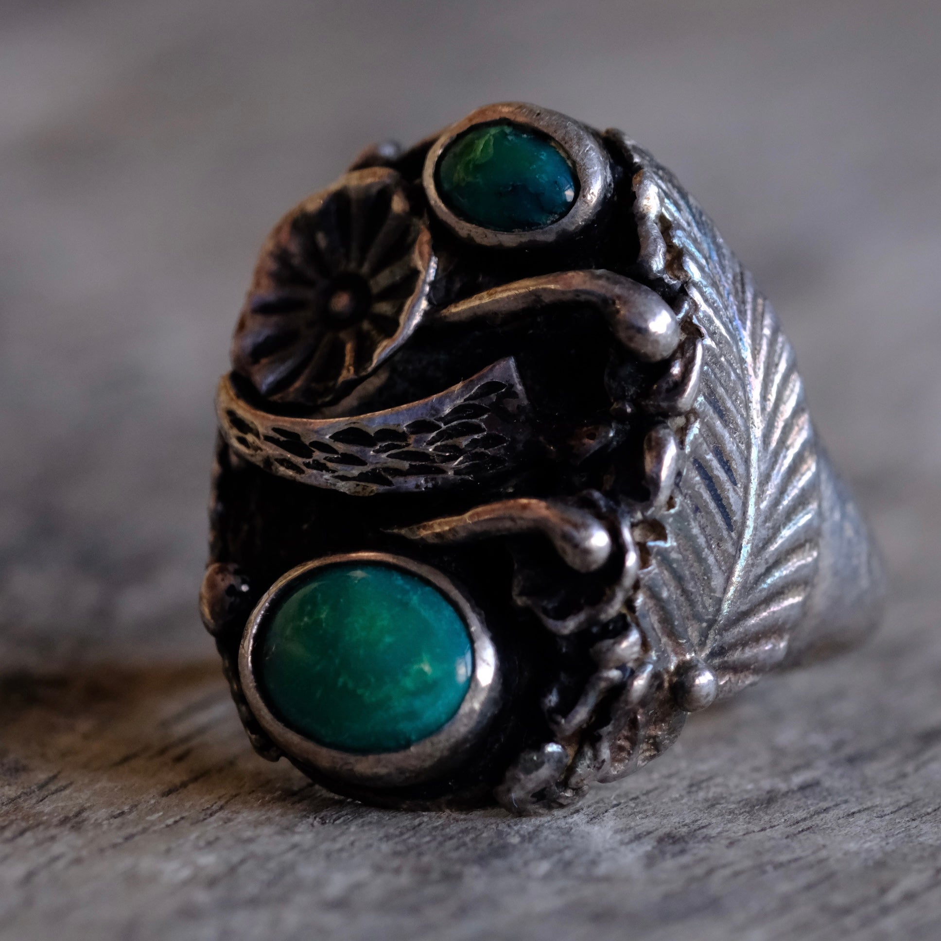 Vintage Sterling 2-Stone Turquoise Feather Blossom Ring 10.75