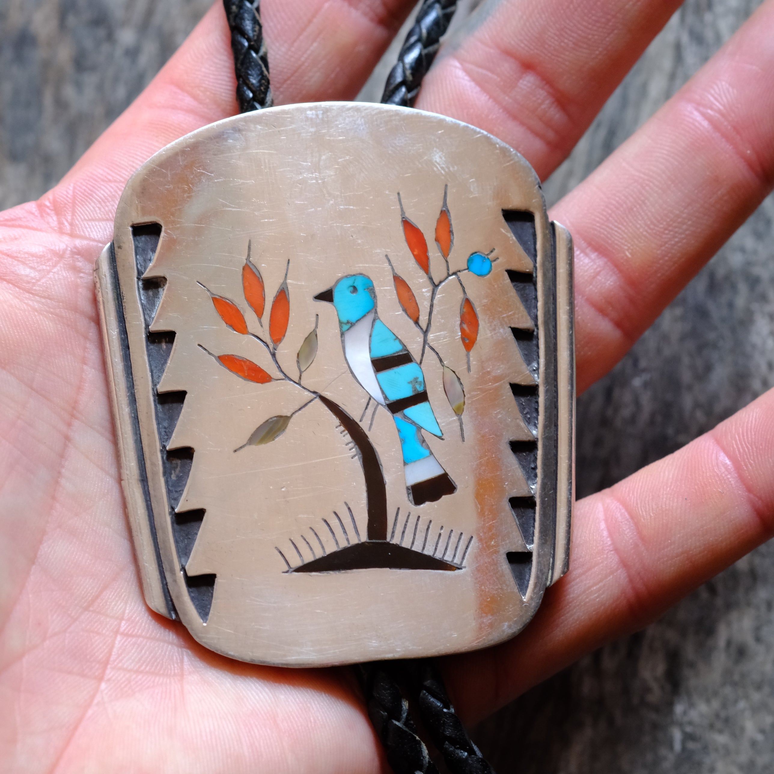 Huge Vintage Sterling Inlay Blue Jay Bolo Tie