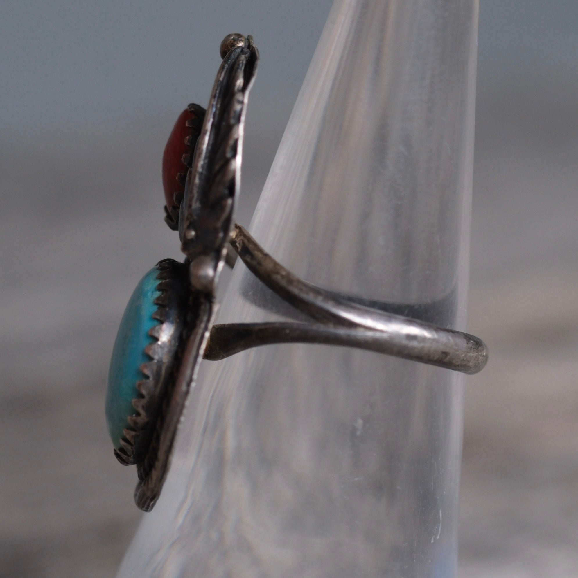 Vintage Sterling Turquoise And Coral Feather Ring 6.5