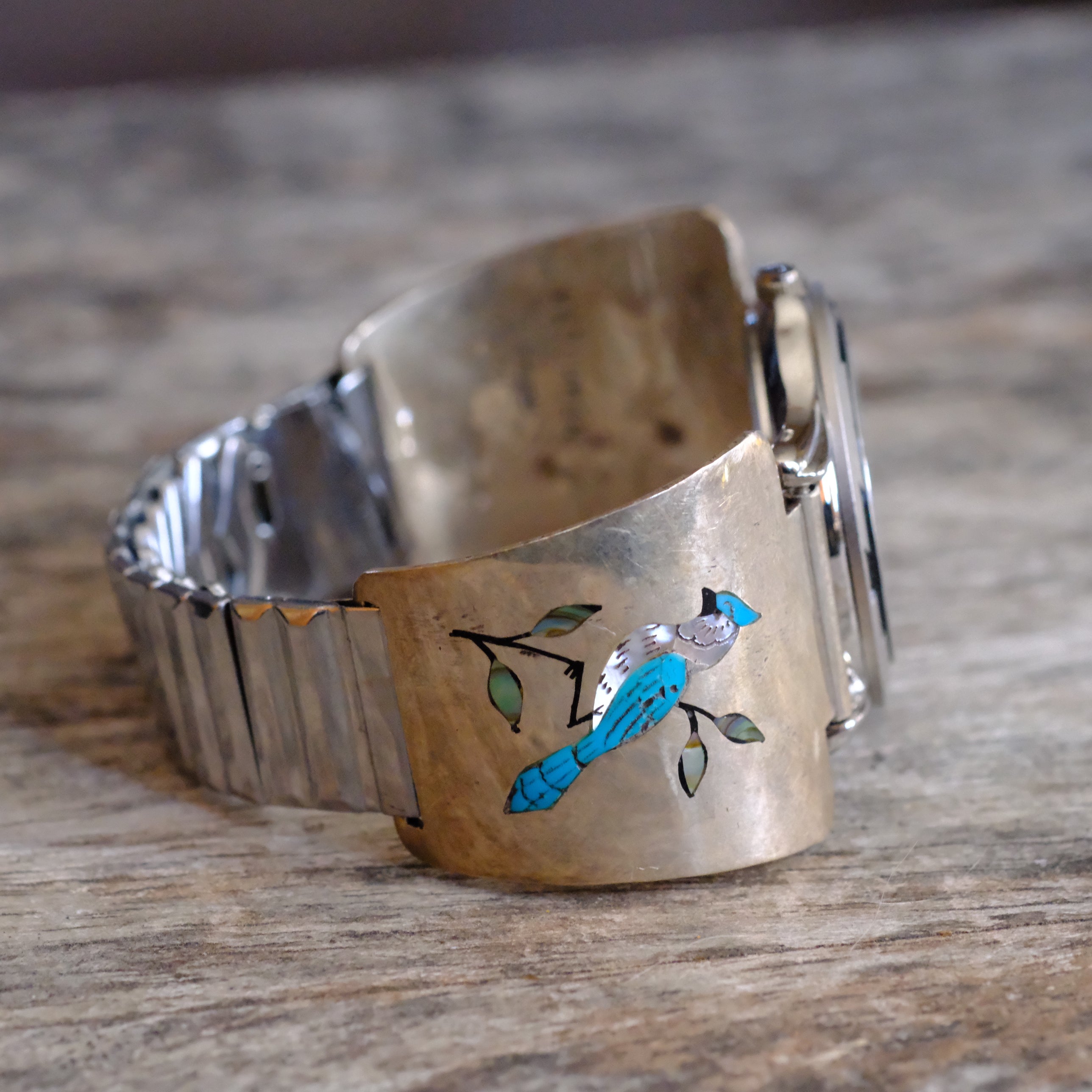 Vintage Sterling Inlay Blue Jay Watch With Turquoise Dial