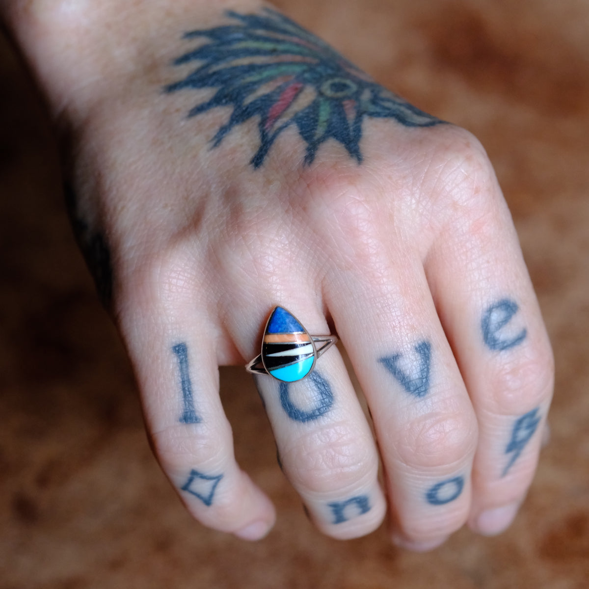 Vintage Sterling Multi Stone Inlay Ring 6.25