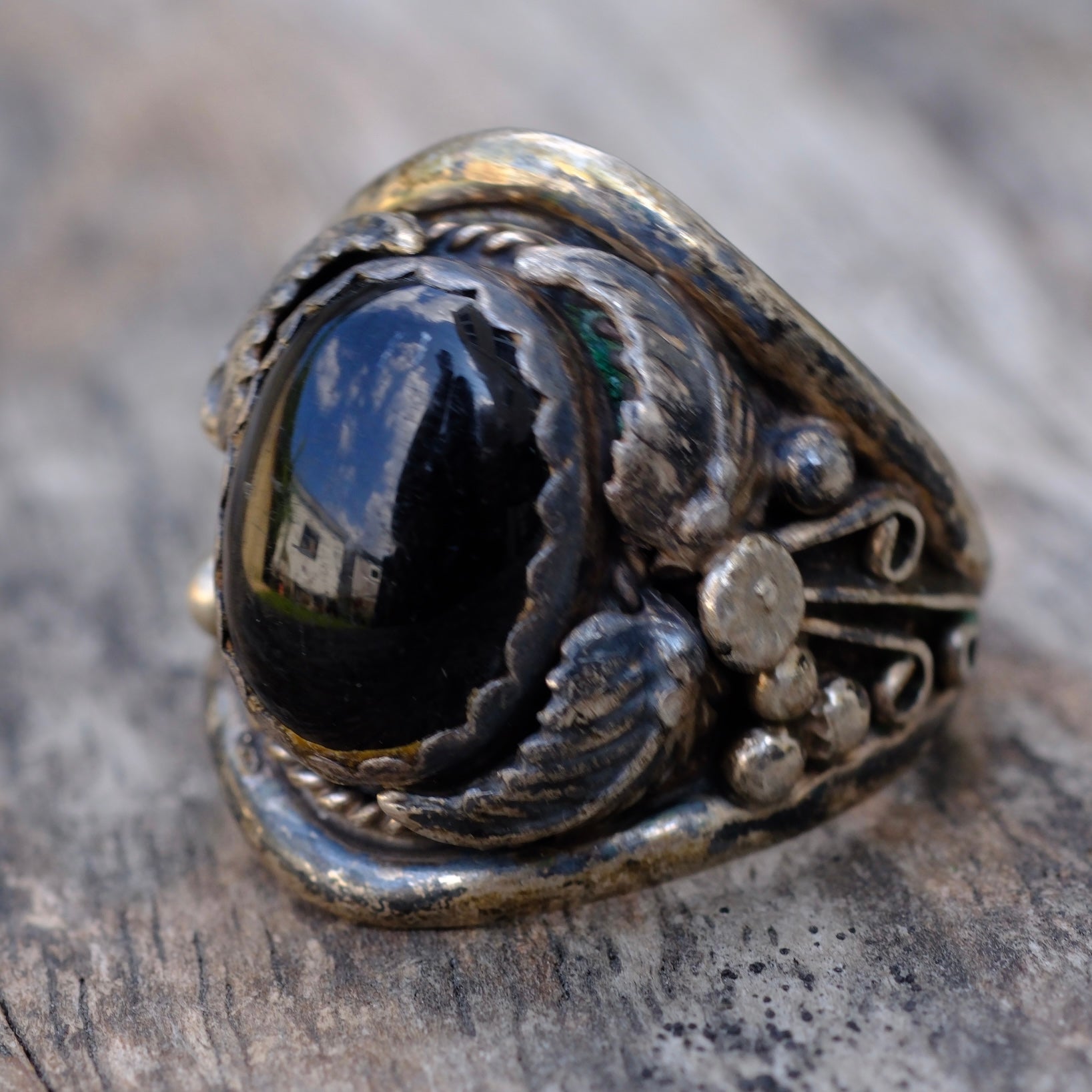 Vintage Sterling Onyx Feather Ring 11.25