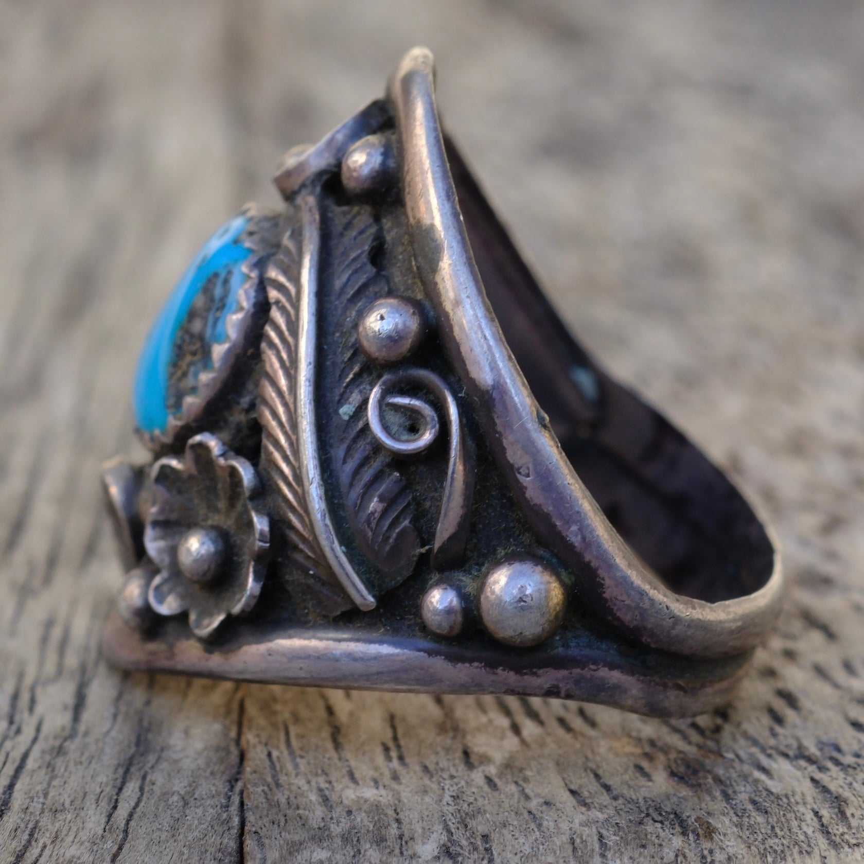 Vintage Sterling Turquoise Feather Ring 11.5