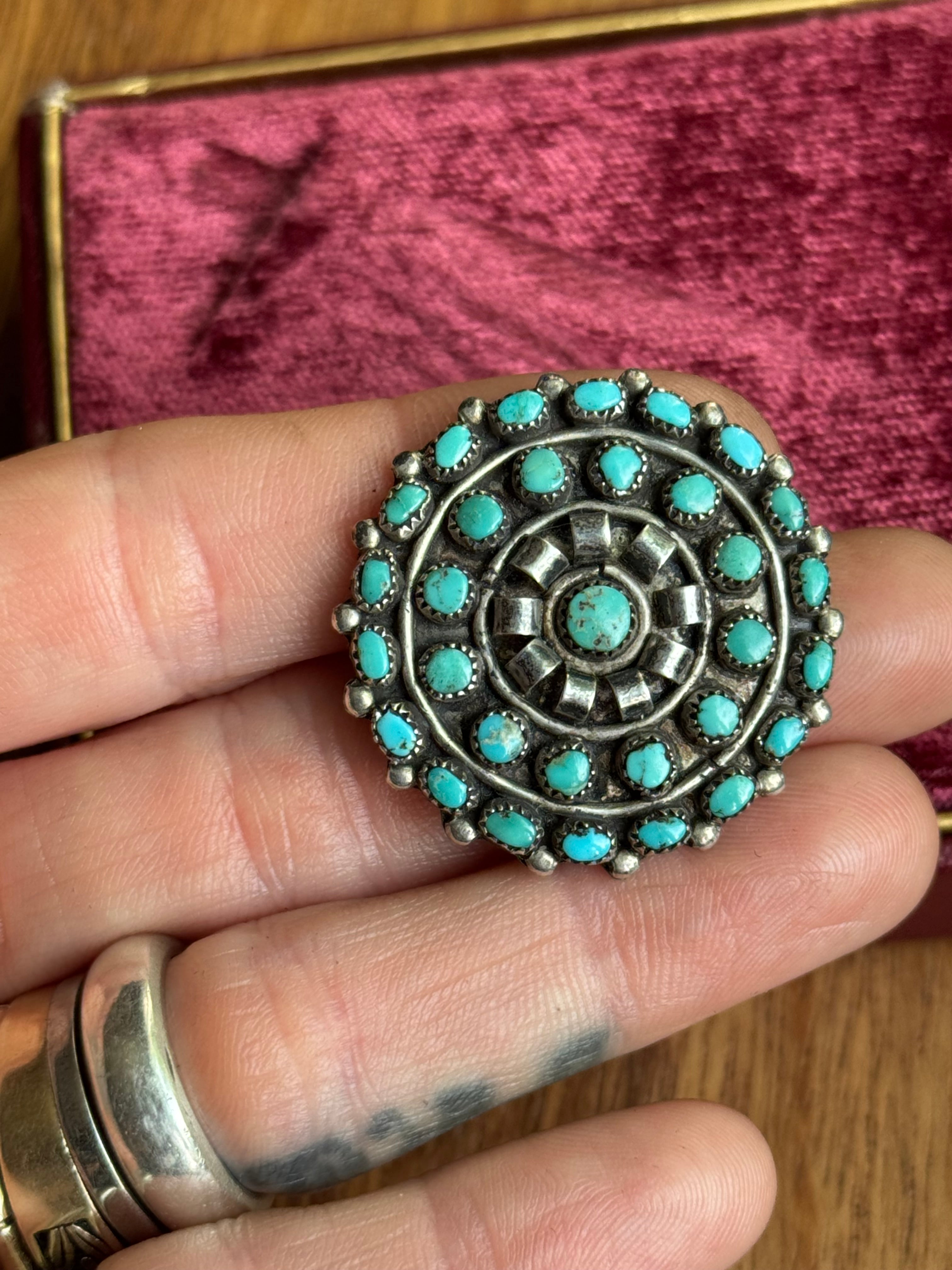 Vintage Sterling Silver Zuni Turquoise Cluster Pin