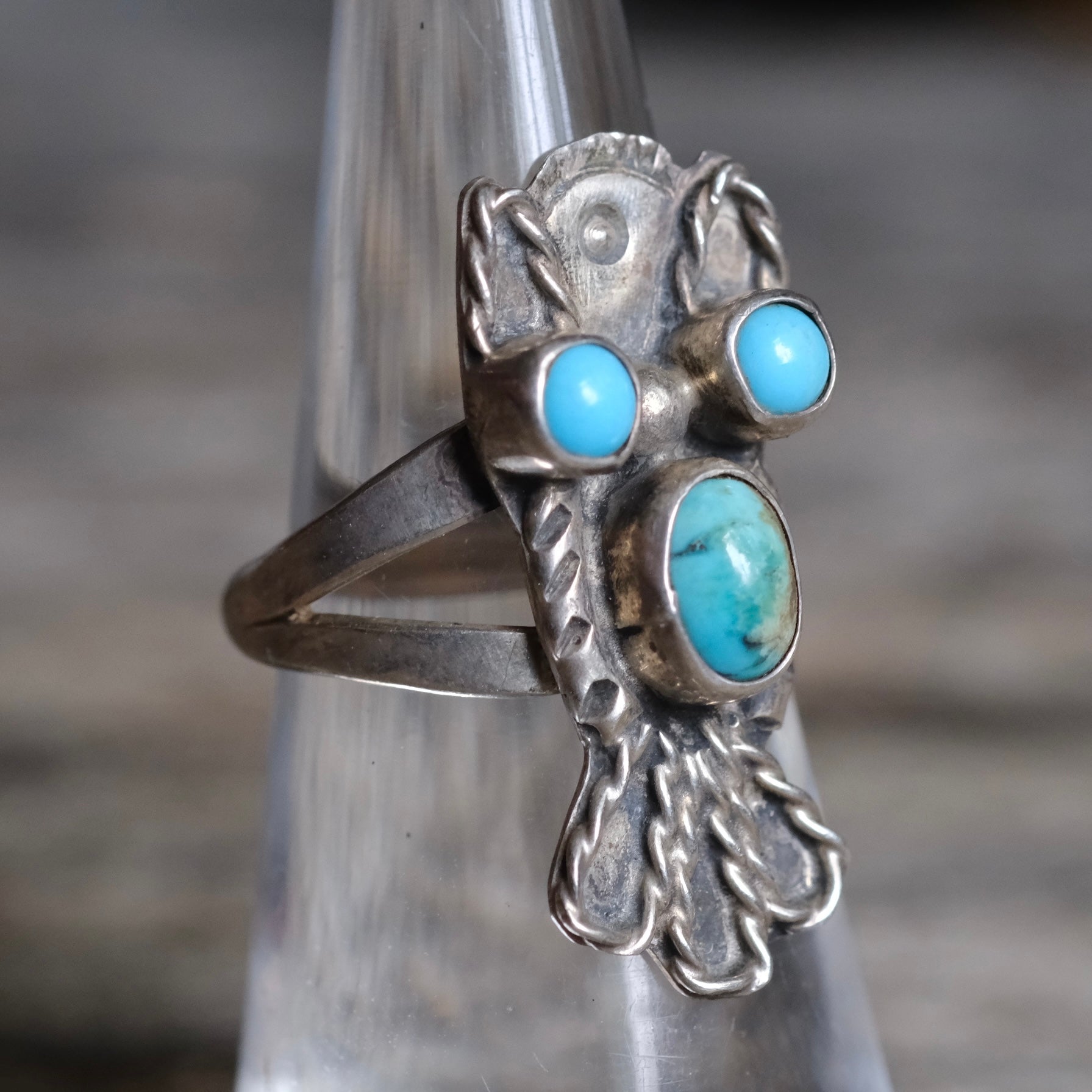 Vintage Sterling Turquoise Owl Ring 5.25
