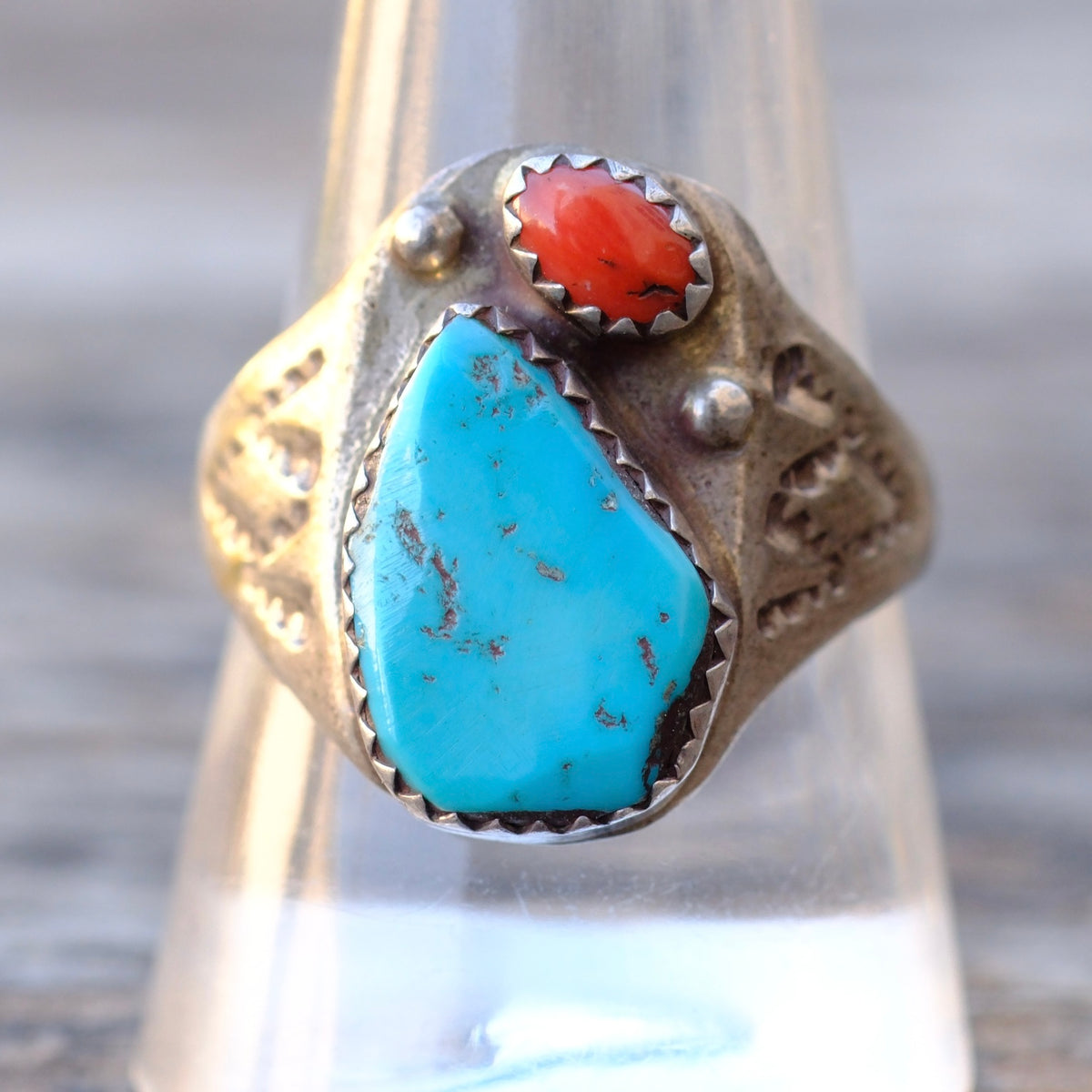Vintage Sterling Turquoise and Coral Stamped Band Ring 10.25