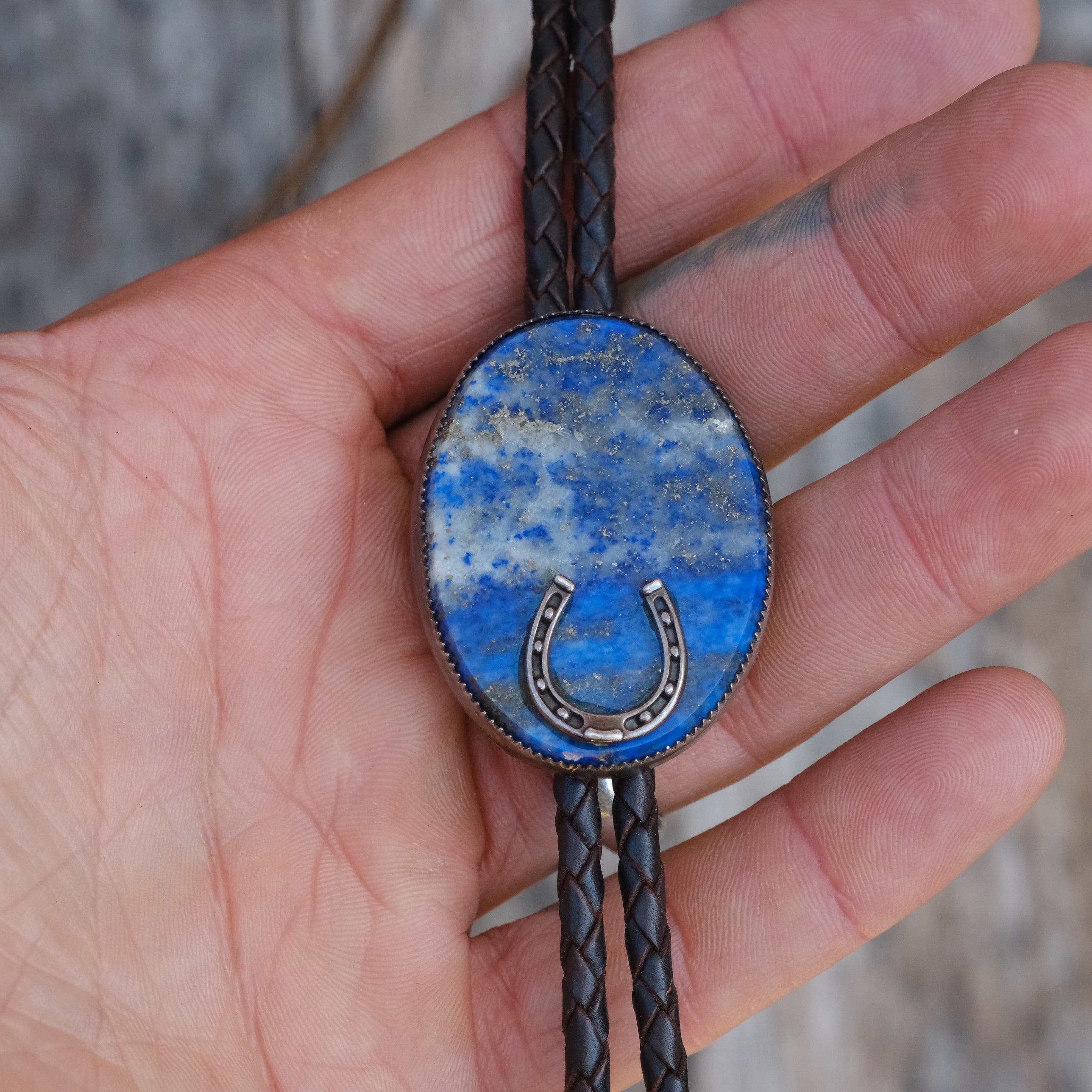 Vintage Sterling Lapis Lucky Horseshoe Bolo Tie