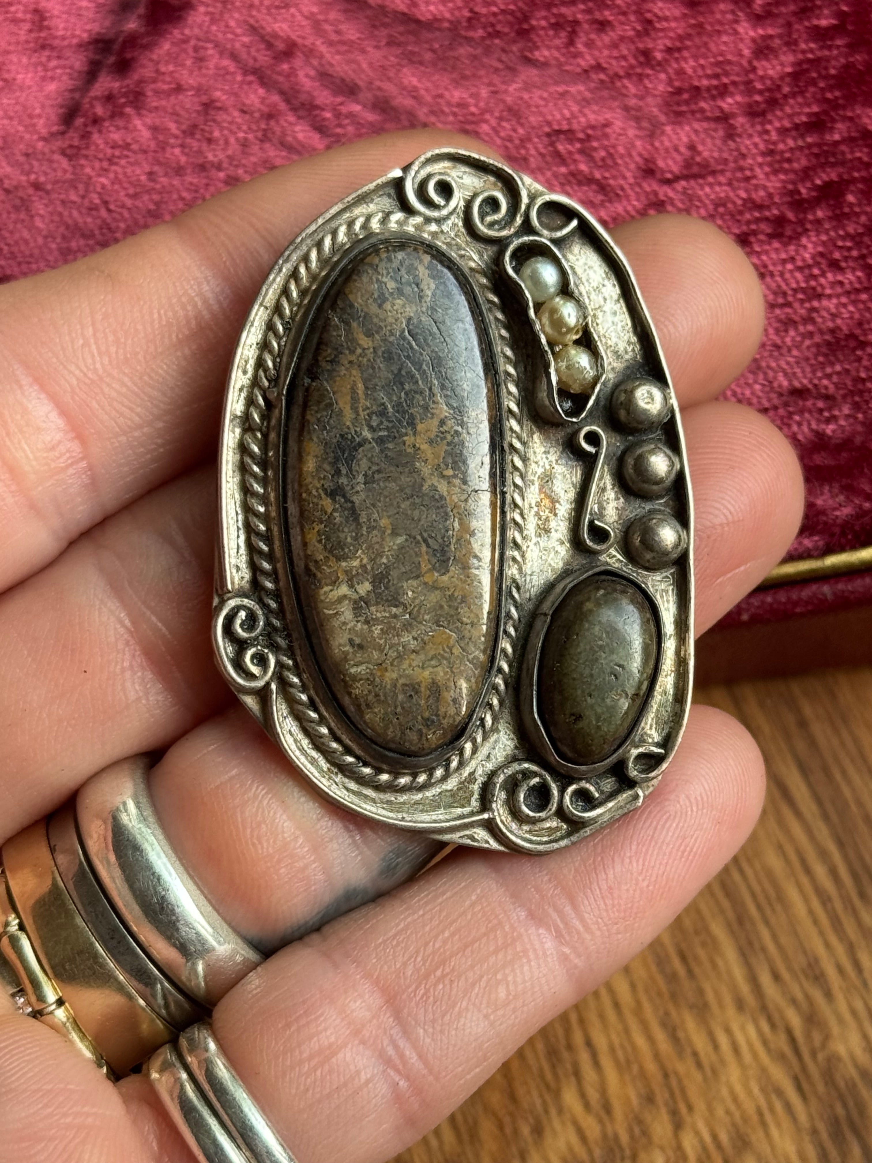 Vintage Sterling Silver Jasper & Seed Pearl Modernist Pin/Pendant